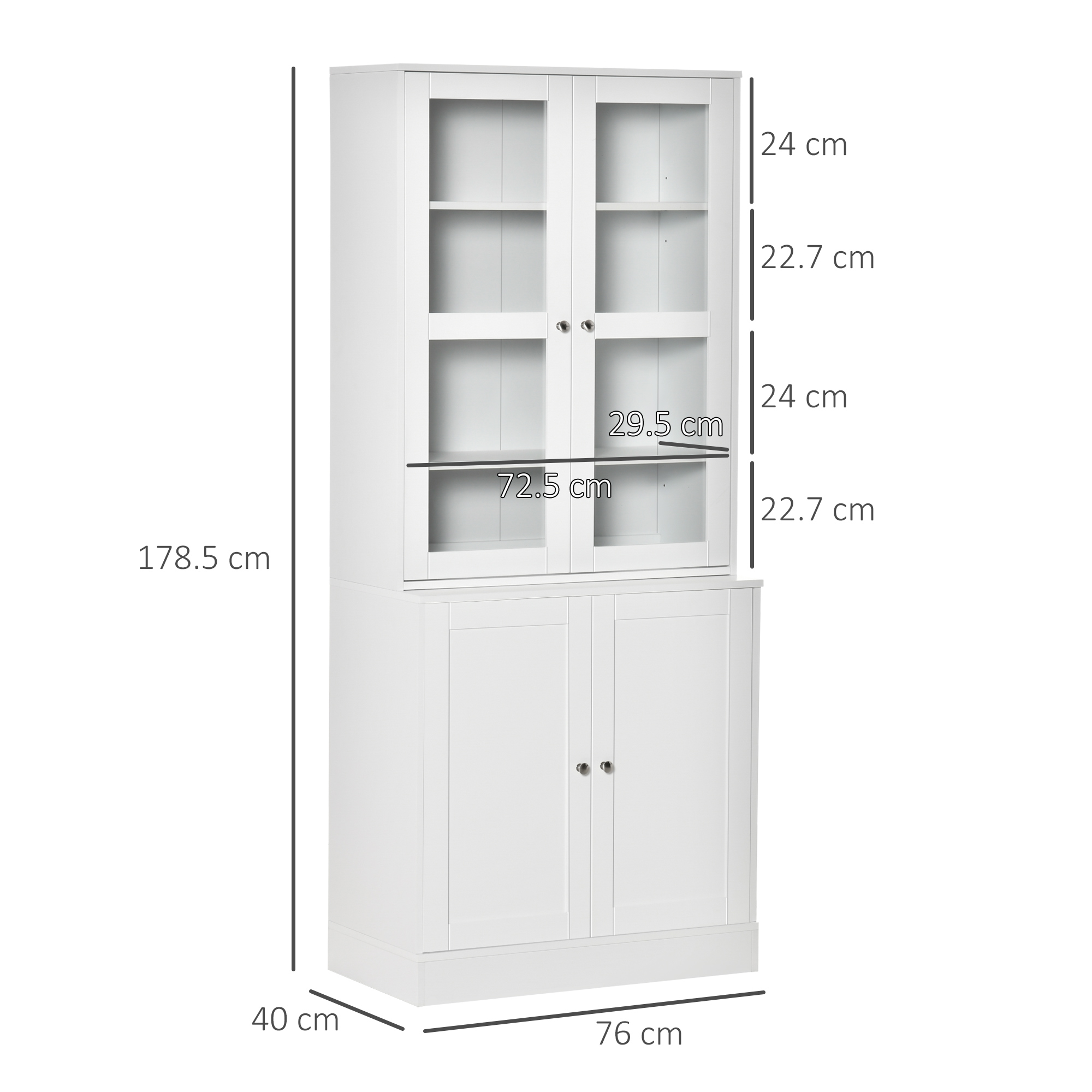 Un mobile bianco con ante in vetro sopra e ante in legno sotto. Dimensioni indicate.