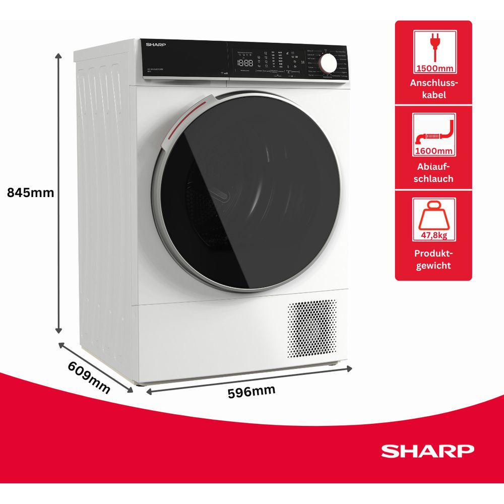 Lavatrice Sharp bianca con oblò e display neri. Dimensioni: 84,5 x 60,9 x 59,6 cm.