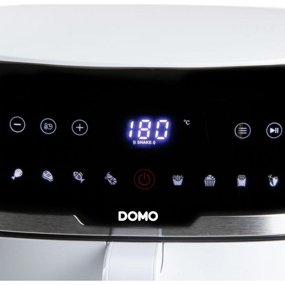 Das Bedienfeld eines weißen Domo Heißluftfritteusen mit Temperaturanzeige 180°C.