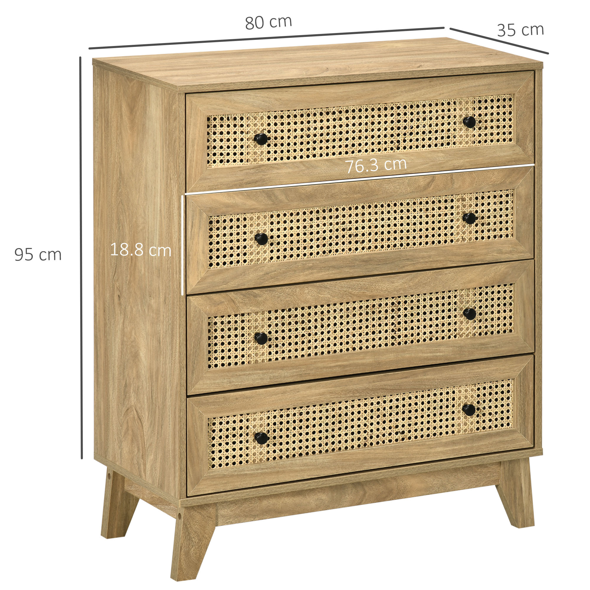 Cassettiera in legno con quattro cassetti con frontali in rattan e pomelli neri.