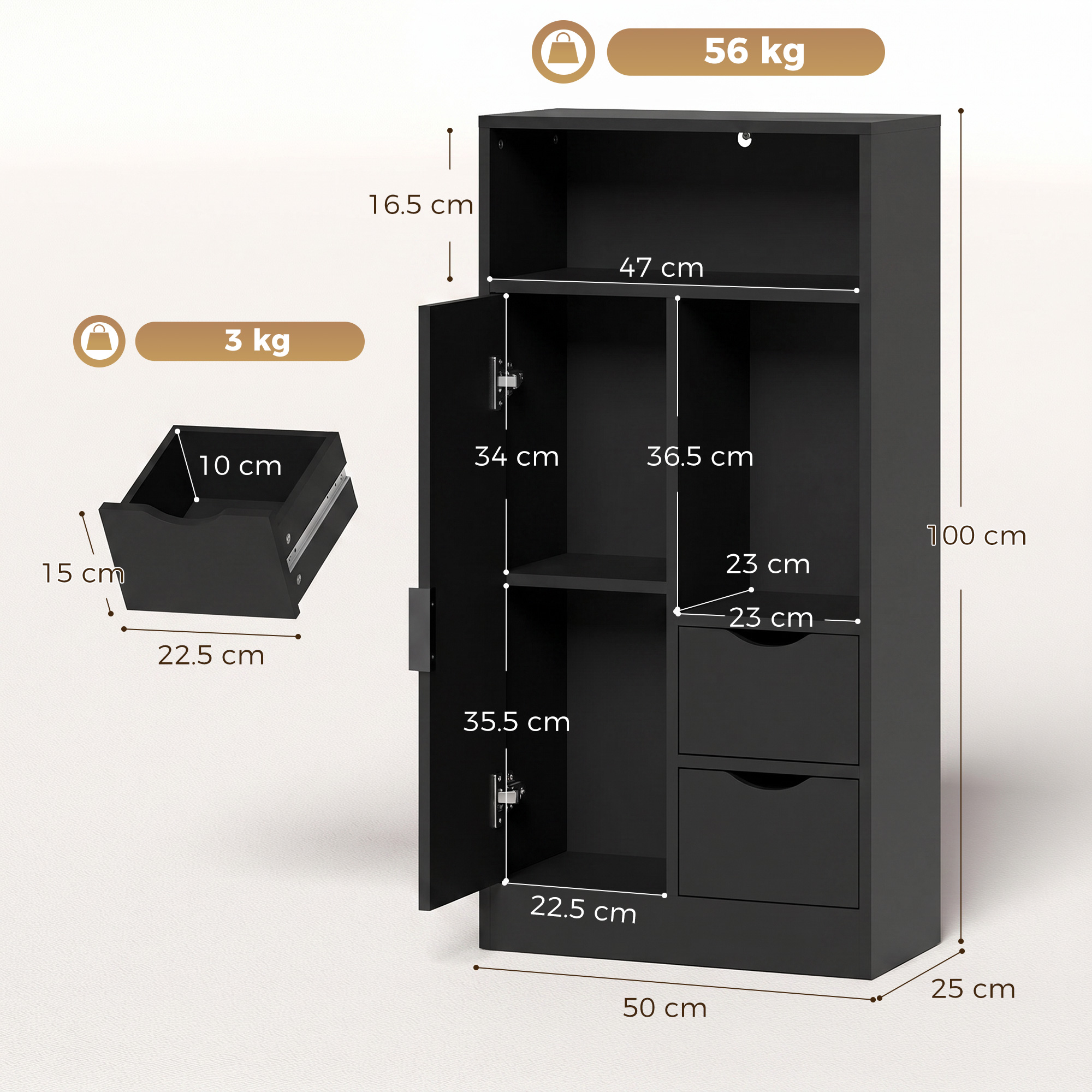 Mobile nero con dimensioni, porta aperta e cassetti. Carico massimo 56 kg.