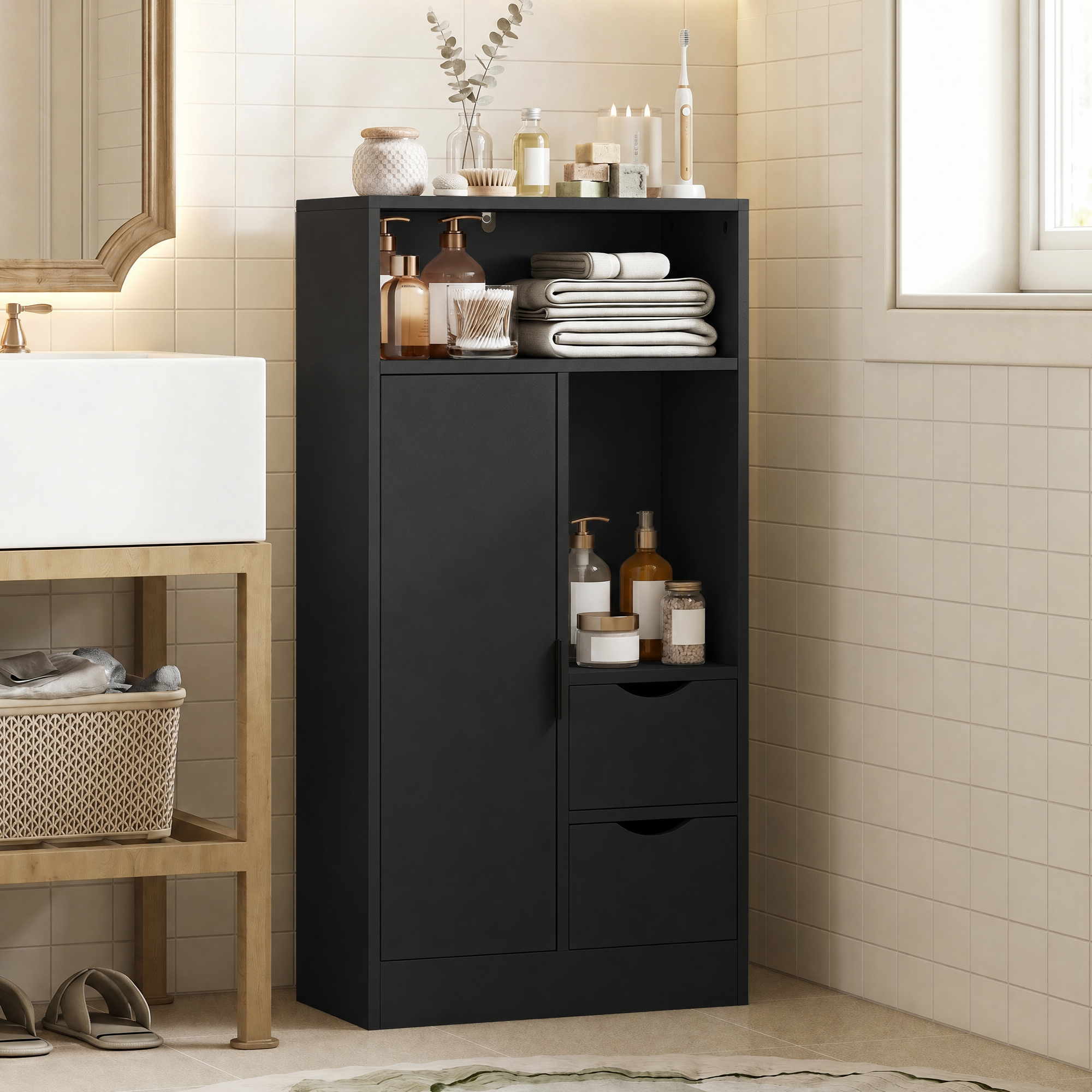 Mobiletto da bagno nero con mensole aperte, cassetti e un'anta. Fornito di asciugamani e saponi.