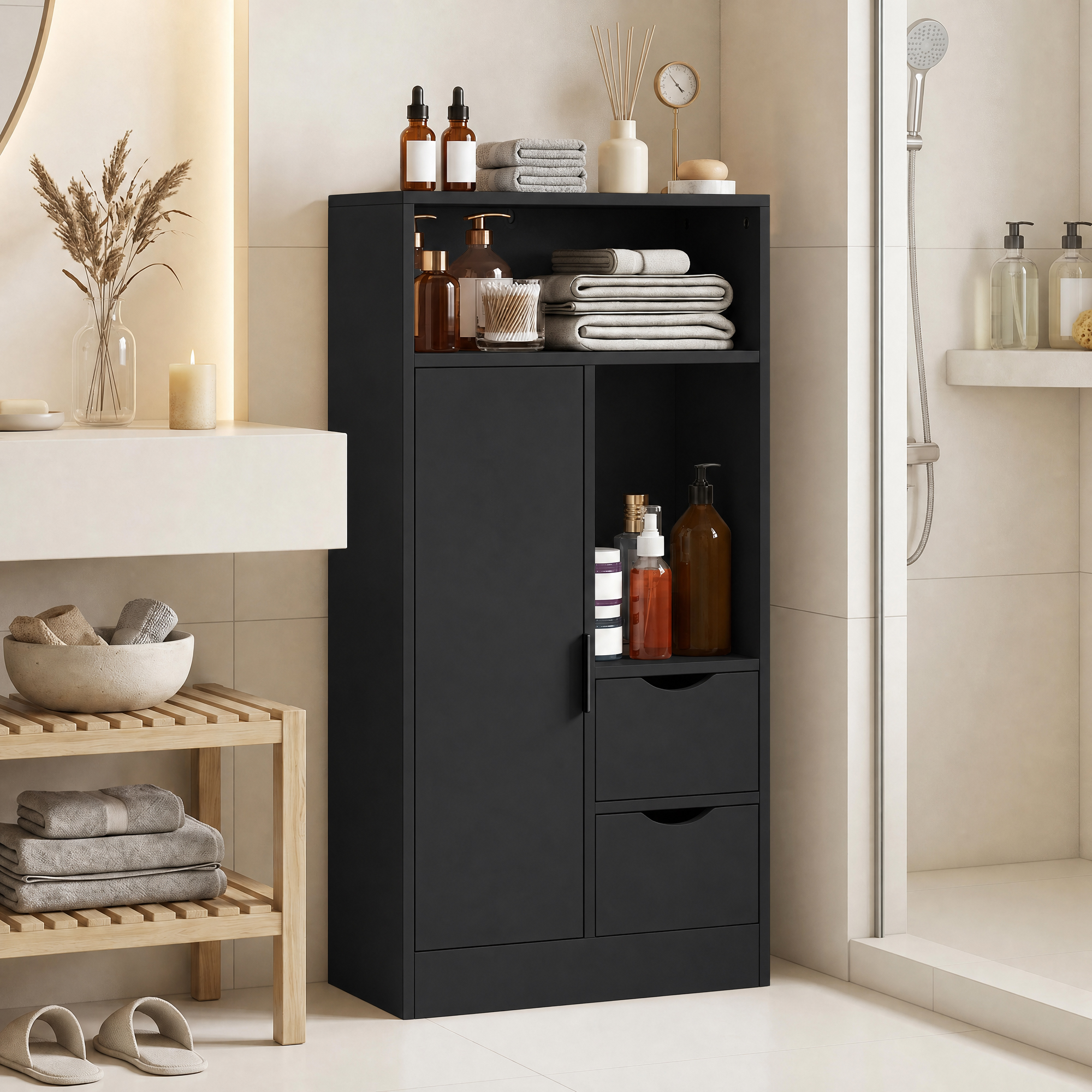 Un mobiletto da bagno nero con mensole aperte e cassetti, contenente asciugamani e articoli da toeletta.