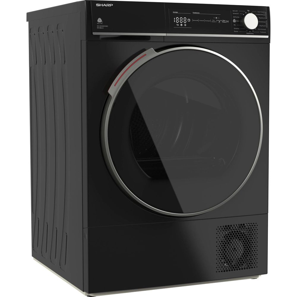 Un sèche-linge noir moderne avec une grande porte ronde et un écran numérique.