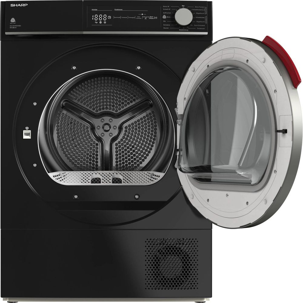 Sèche-linge noir avec porte ouverte, révélant le tambour.