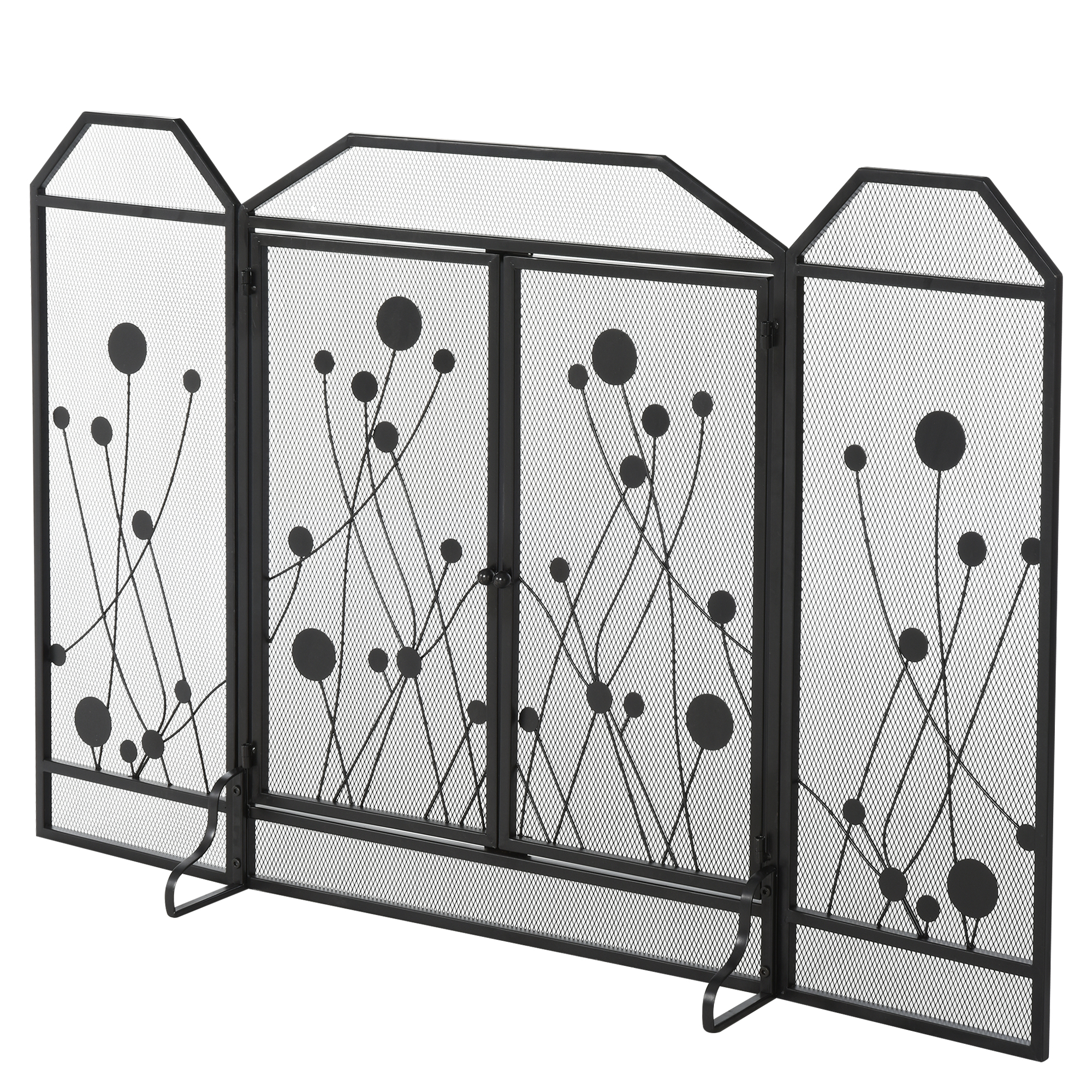 Parascintille in metallo nero con design astratto di cerchi e linee.