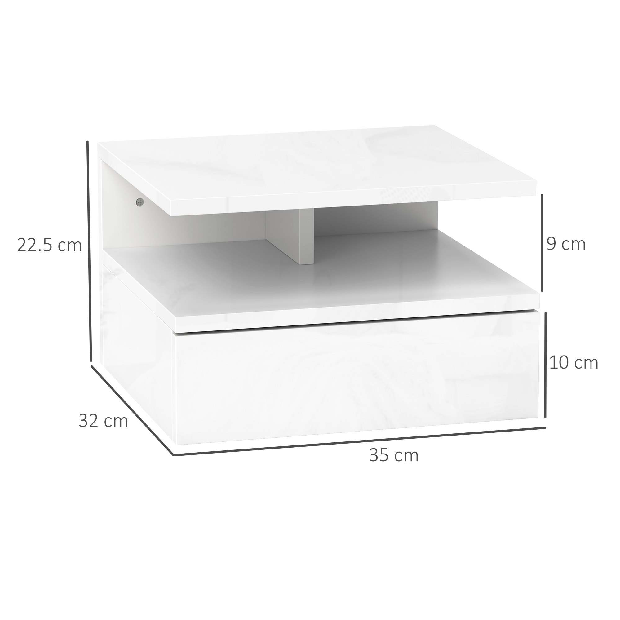 Comodino bianco moderno con cassetto e ripiano aperto, con dimensioni.