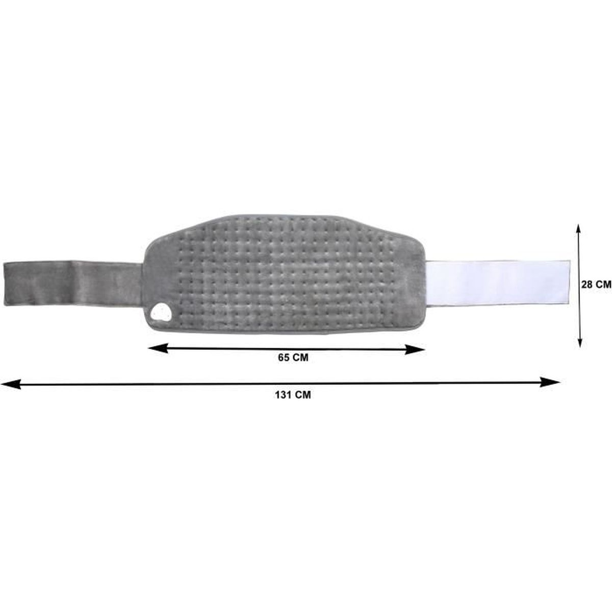 Fascia riscaldante grigia, lunga 131 cm, larga 28 cm, misura 65 cm.