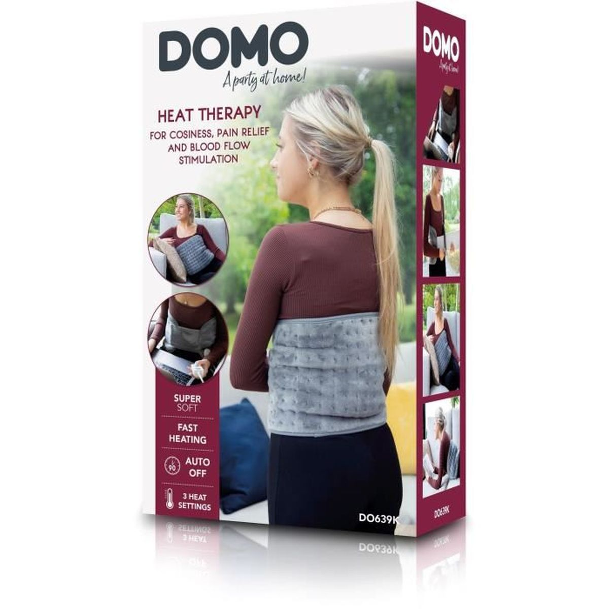Confezione termoterapia DOMO. Donna con fascia termica in vita.