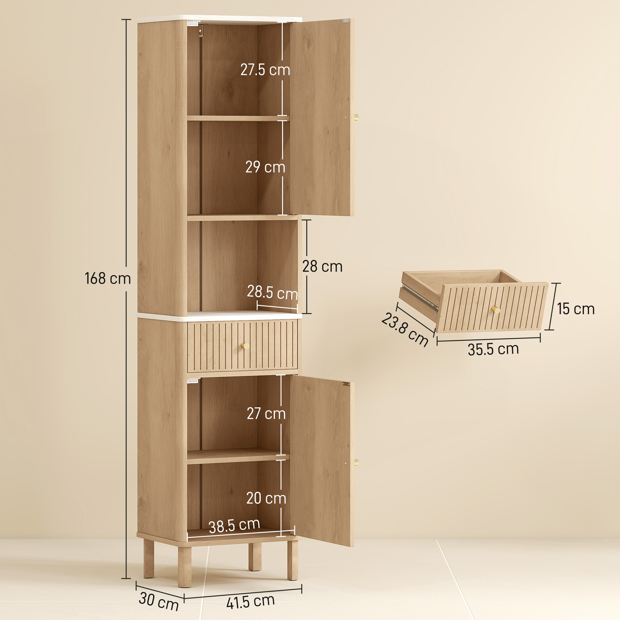Mobile in legno con dimensioni. Porta e cassetto aperti mostrati.