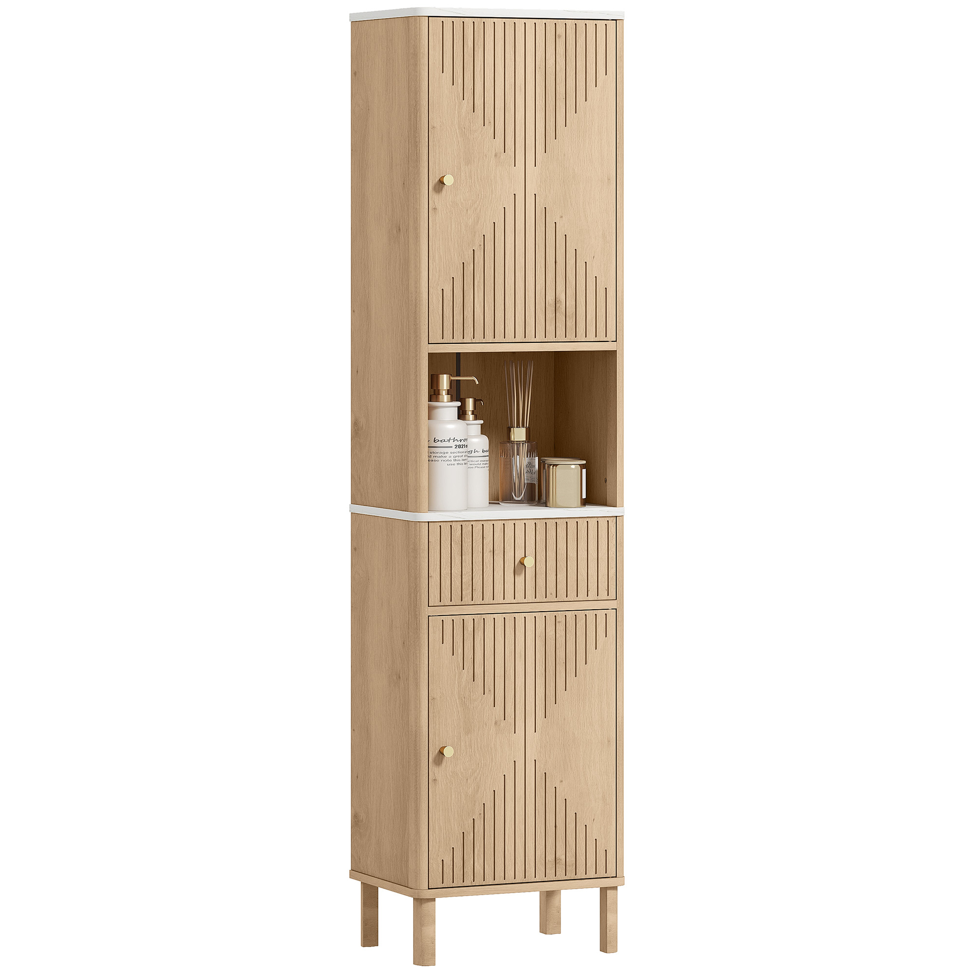Alto e stretto mobiletto in legno con anta scanalata, pomello dorato, mensola aperta con sapone.