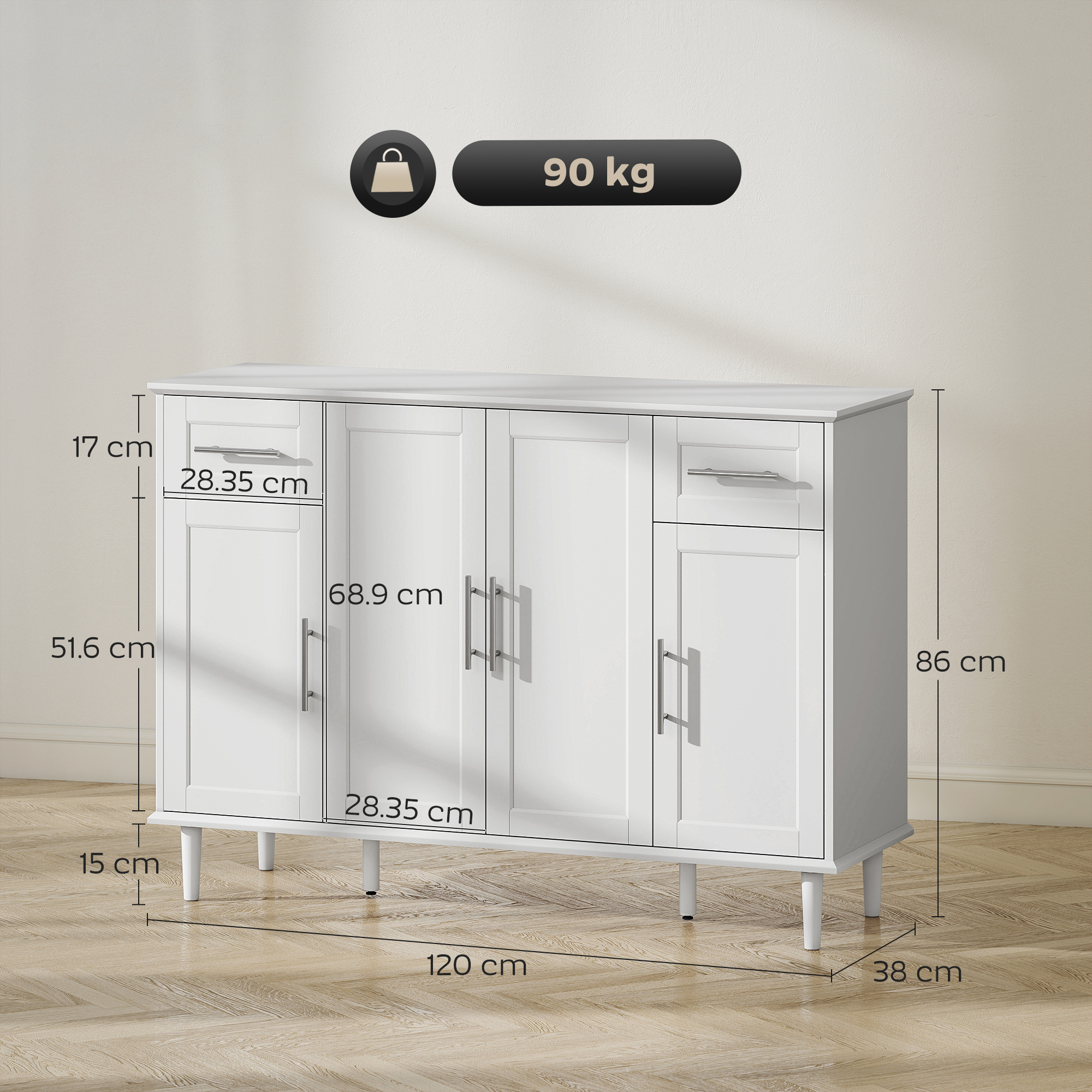Un mobile bianco con quattro ante e due cassetti, dimensioni indicate.