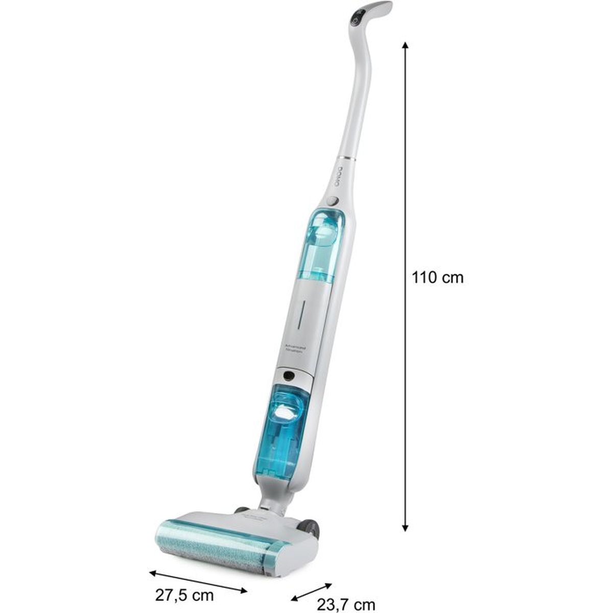 Un nettoyeur de sol blanc et turquoise, 110cm de haut, 27,5cm de large.