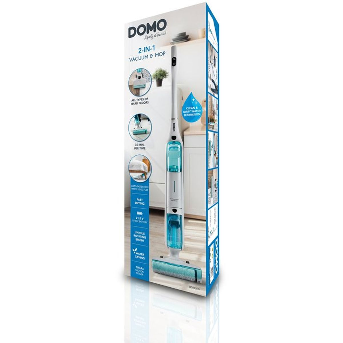 Emballage pour aspirateur et serpillière 2-en-1 avec des accents bleus et blancs.