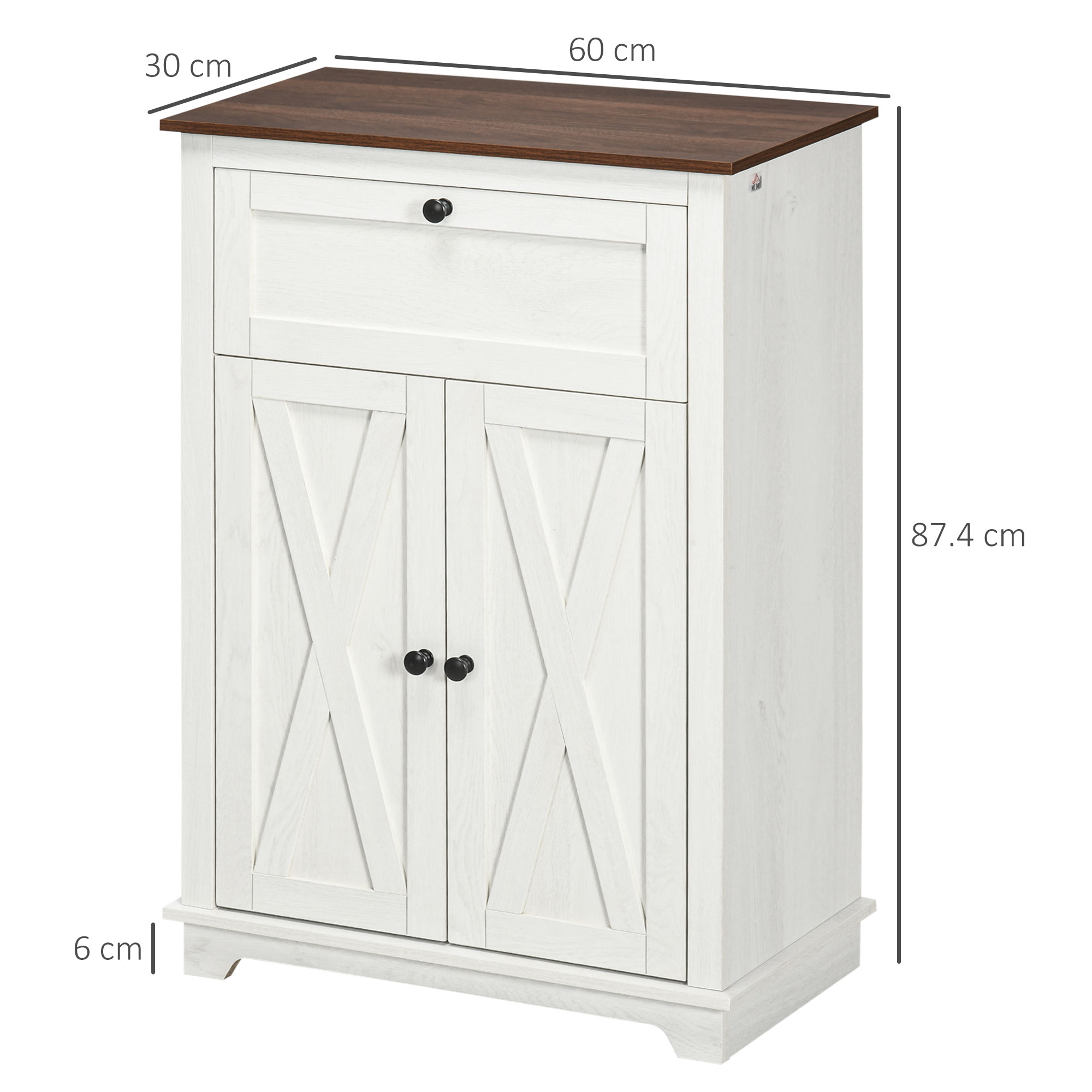 Un mobile bianco con piano marrone, dimensioni 60x30x87,4 cm.