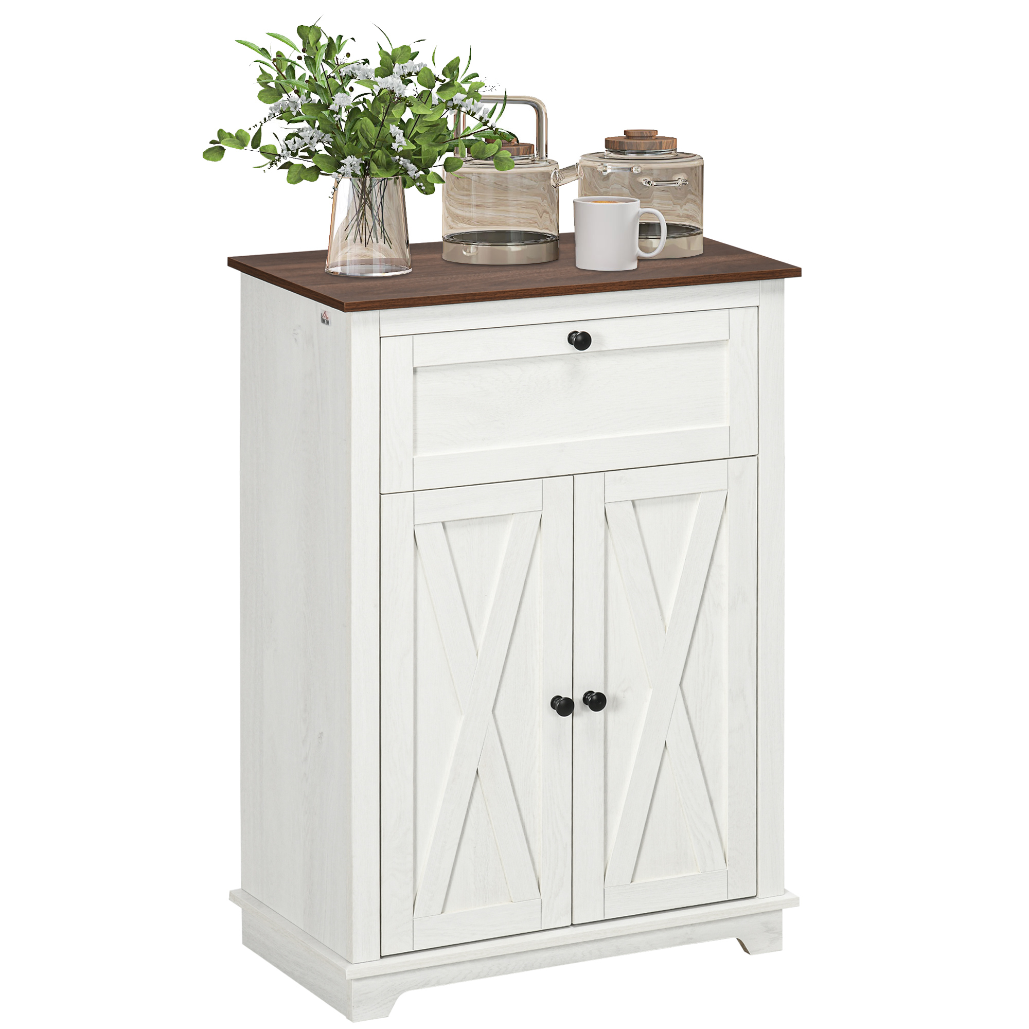 Mobile bianco con piano in legno, cassetto e doppia anta. Sopra: vaso con fiori, bollitore, tazza, barattolo.