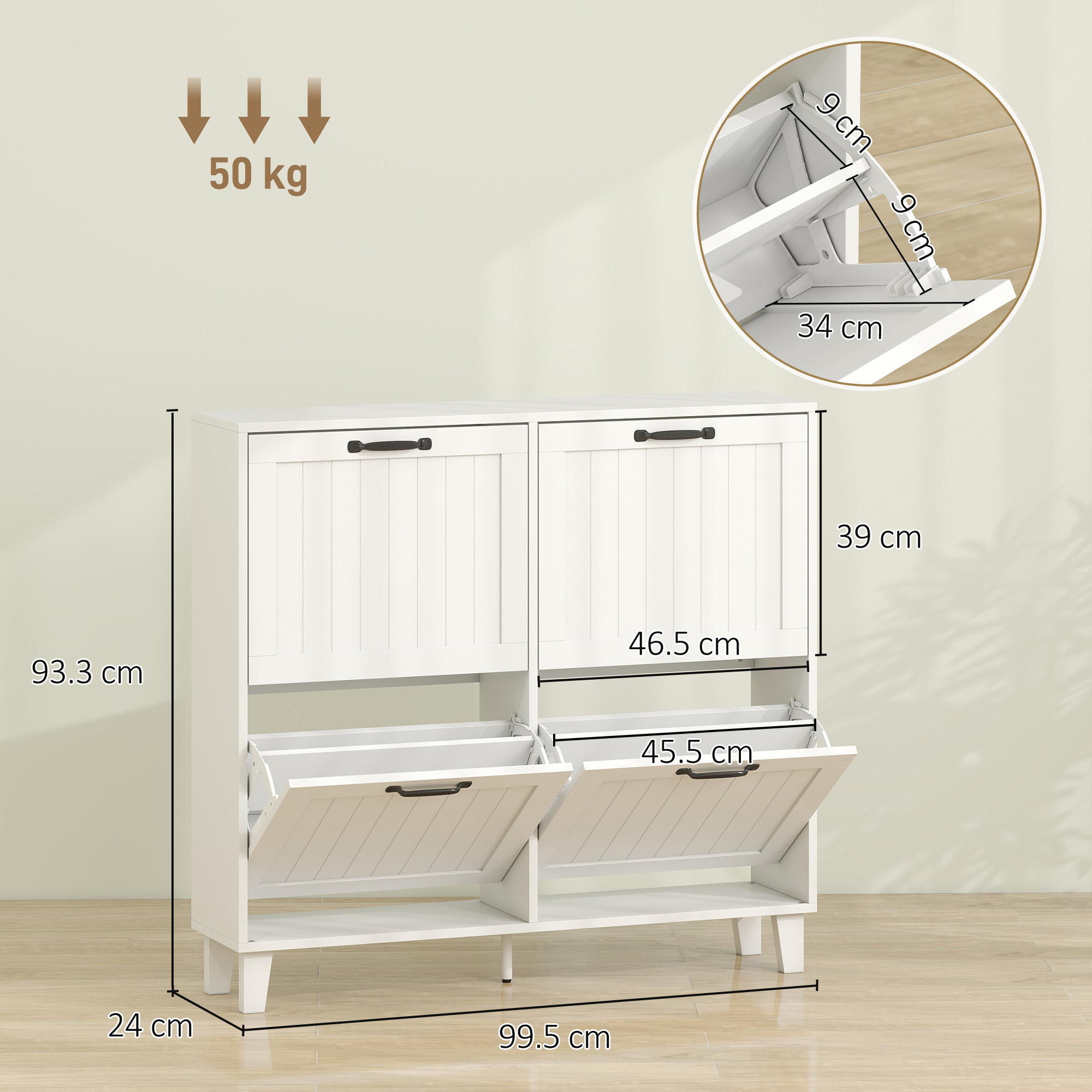 Mobiletto bianco per scarpe con 4 ante a ribalta. Misure 99,5x24x93,3 cm, 50 kg.