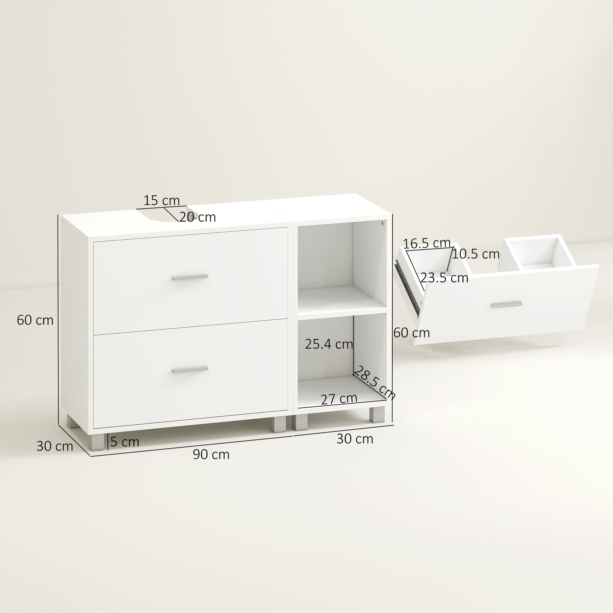 Credenza bianca con due cassetti e un vano aperto con ripiani. Dimensioni indicate.