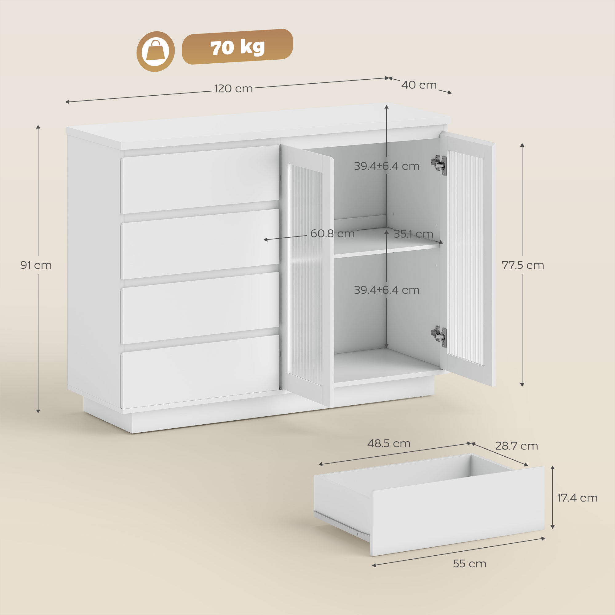 Cassettiera bianca con quattro cassetti e sezione armadio. Dimensioni indicate.