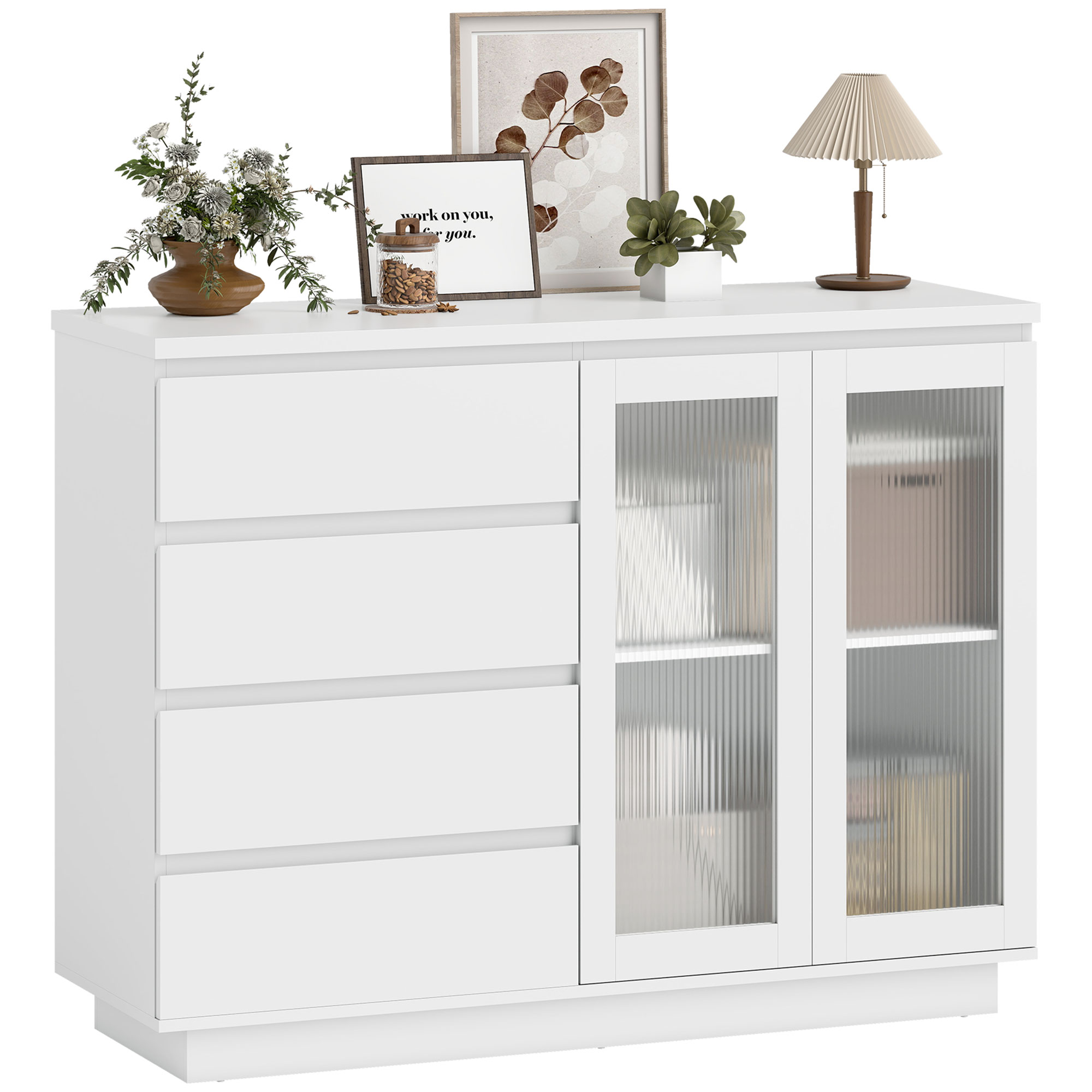 Mobile bianco con cassetti e ante in vetro, decorato con fiori, quadri e lampada.