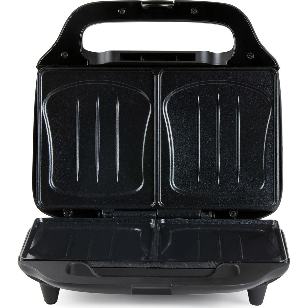 Ein offener, schwarzer Sandwichmaker mit zwei Kochplatten und Griff.