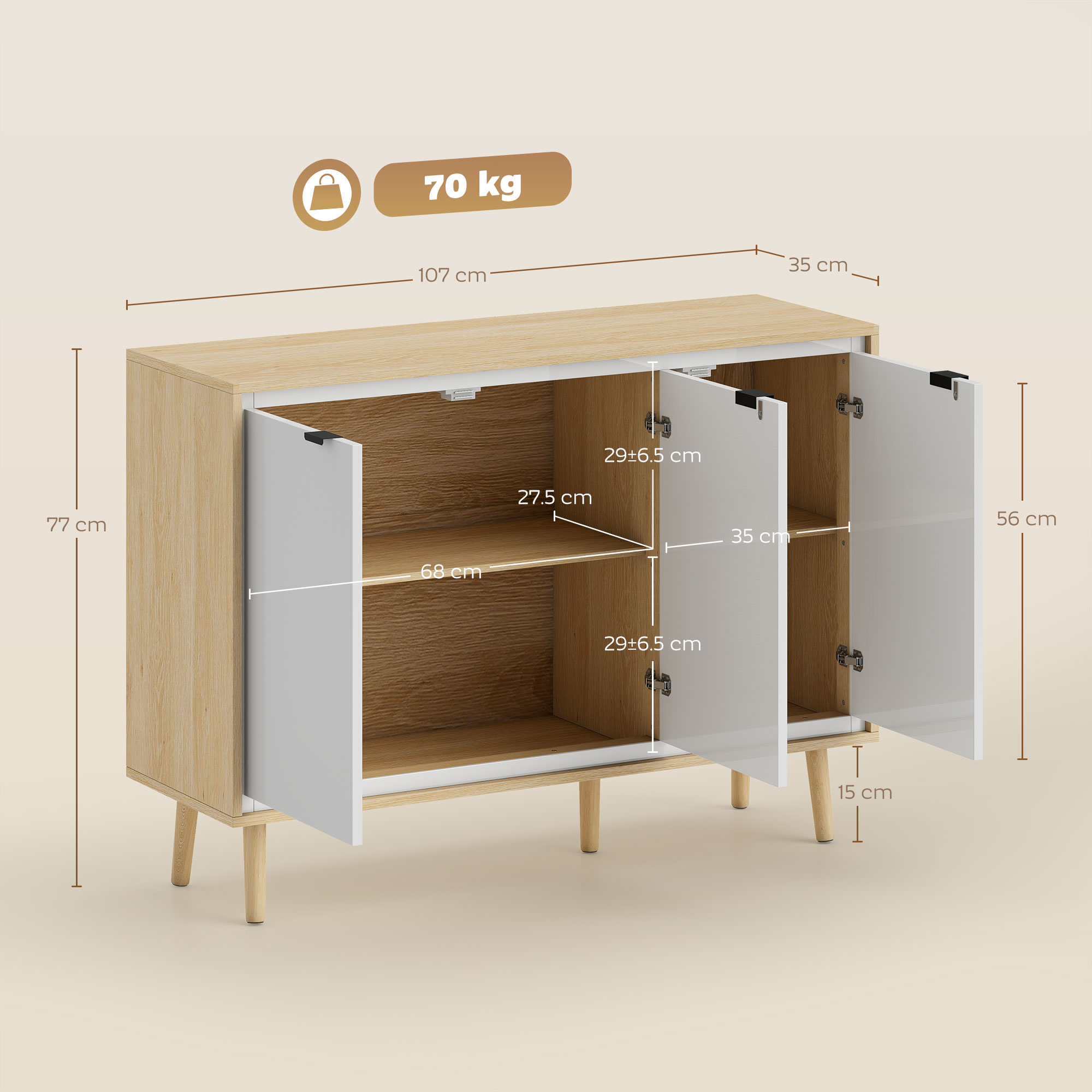 Mobile in legno con ante bianche, dimensioni 107x35x77cm, max 70 kg.