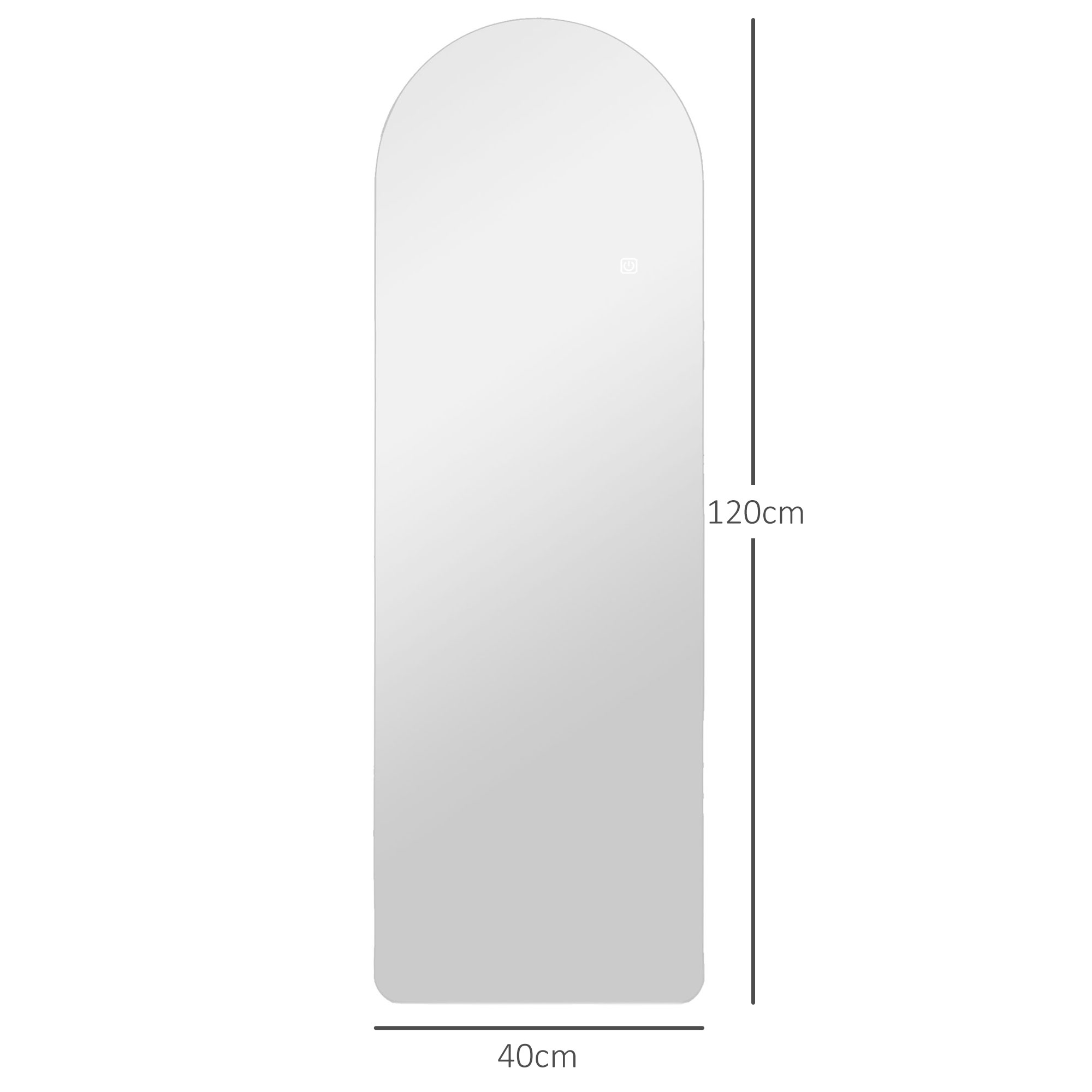 Uno specchio alto e stretto con parte superiore arrotondata, alto 120 cm, largo 40 cm.