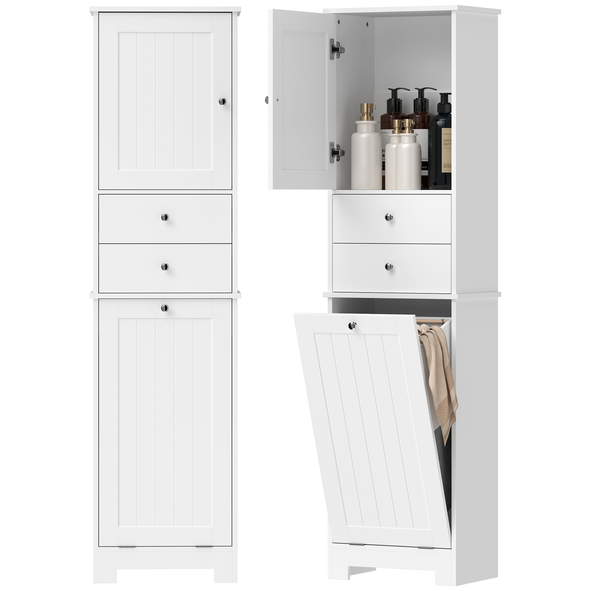 Un armadio bianco con ripiani e cassetti. Una porta è aperta, mostra bottiglie. Un'altra porta è aperta, rivela biancheria.