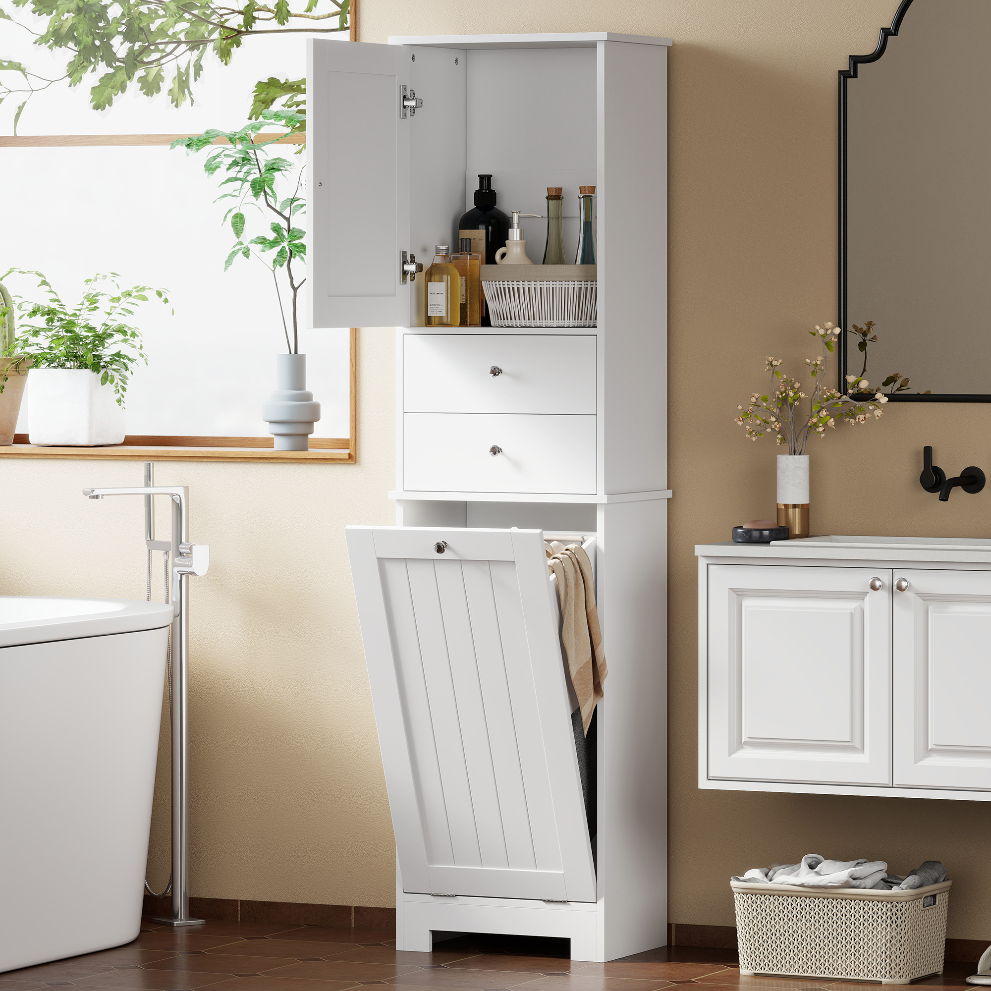 Un mobiletto da bagno bianco con ante aperte, cassetti e cesto per biancheria.