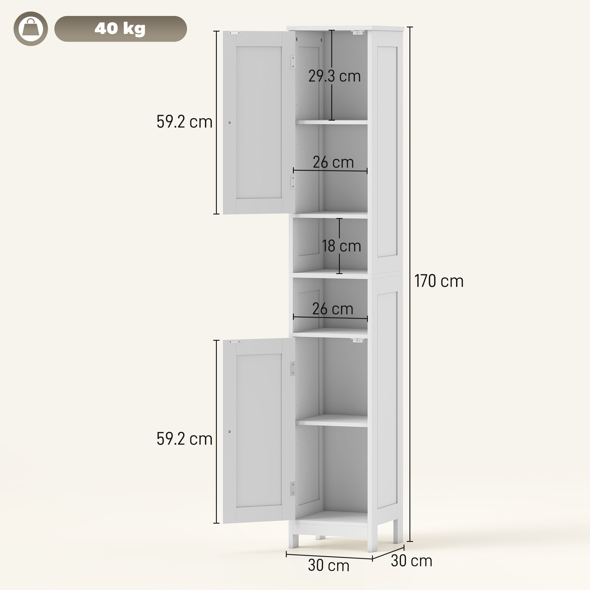 Un mobile alto bianco con ante aperte, che mostra le dimensioni.