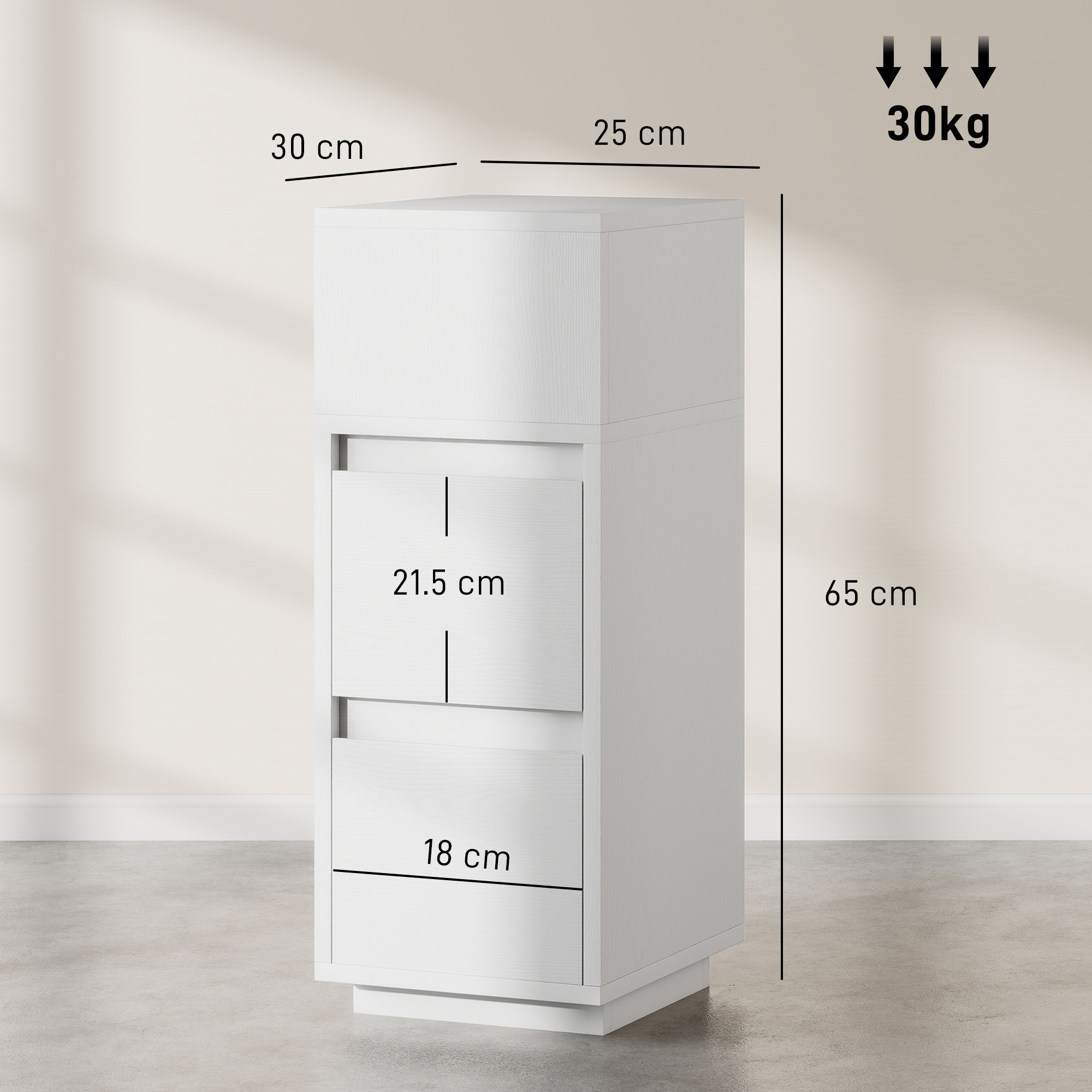 Mobile bianco con cassetti, dimensioni 30x25x65cm, carico 30kg.