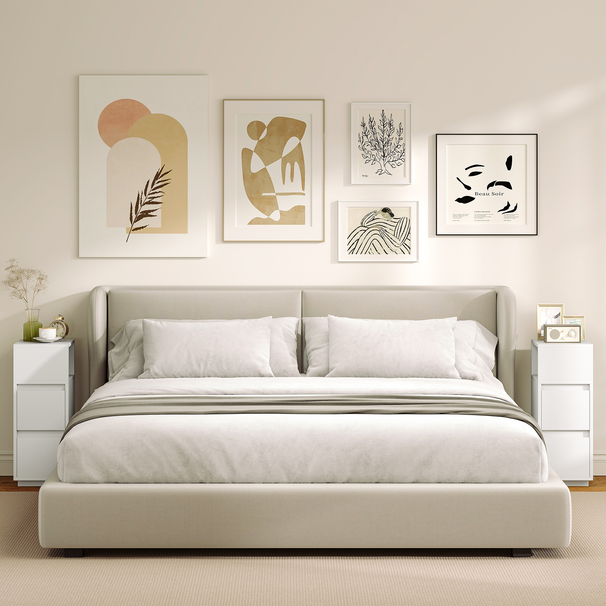 Una camera da letto con un grande letto, comodini e opere d'arte sul muro.