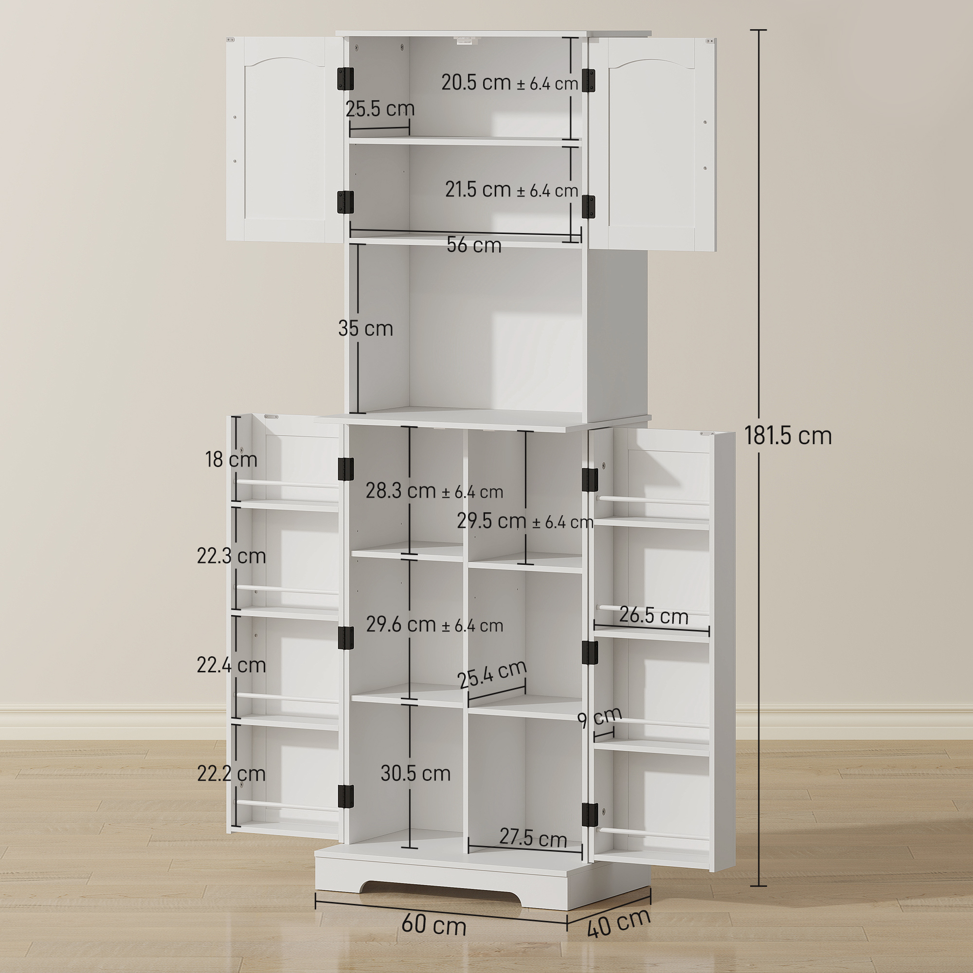 Una libreria bianca con più scomparti e porte aperte, con dimensioni indicate.