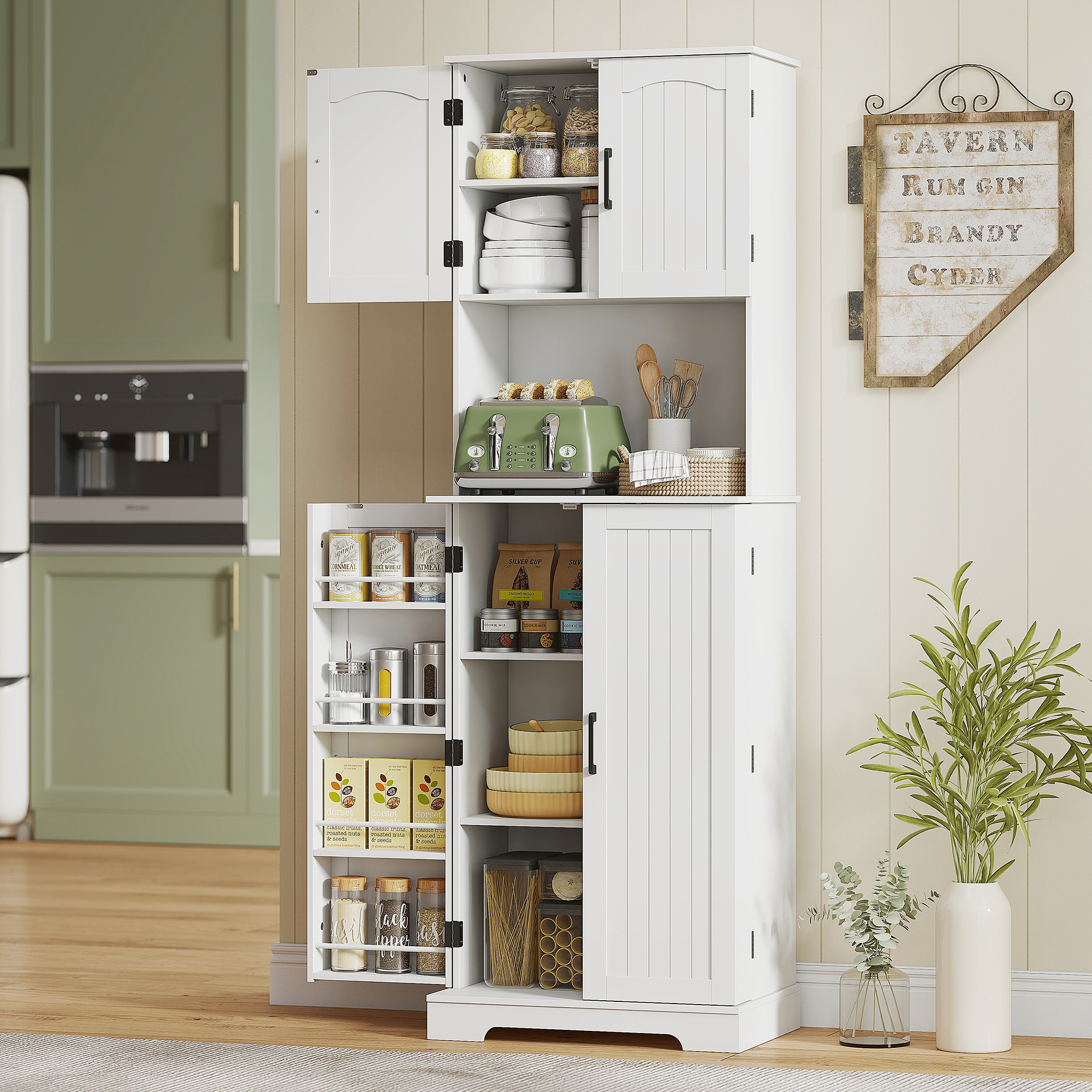Una credenza da cucina bianca con ante aperte, piena di cibo e stoviglie.
