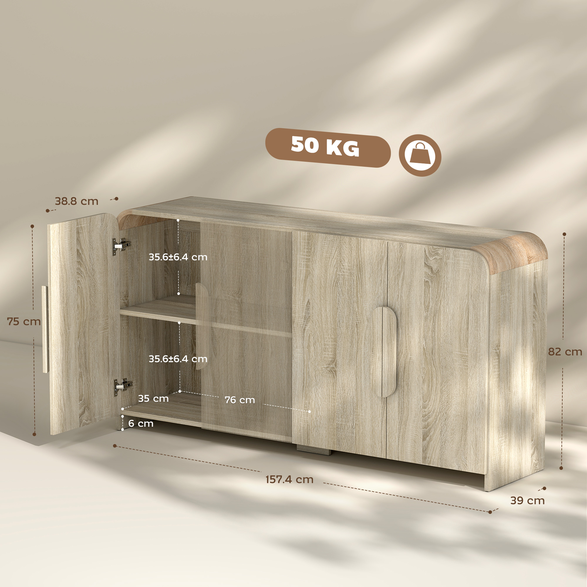 Credenza in legno a due ante, dimensioni 157,4x39x82 cm, capacità 50 kg.