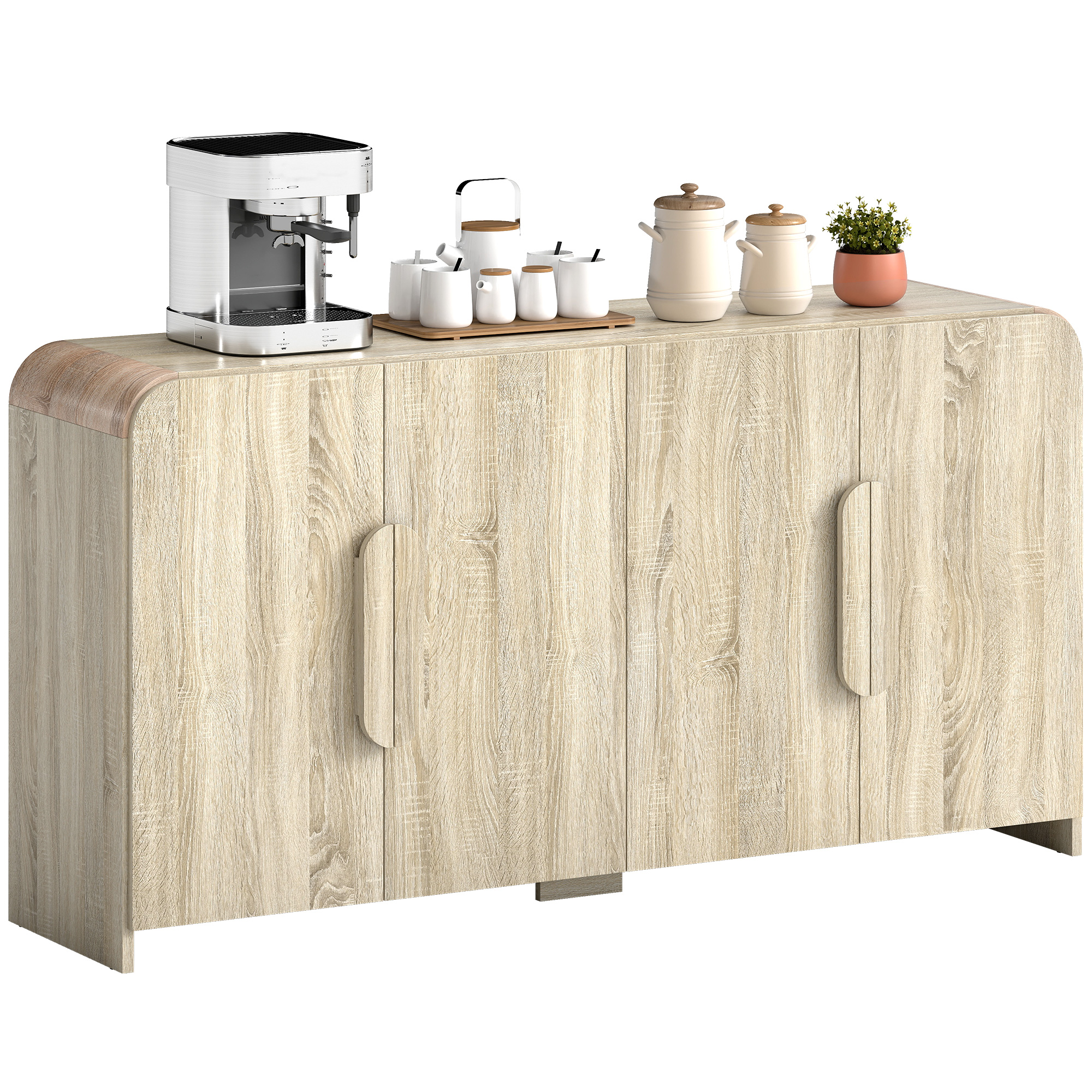 Un mobile in legno chiaro con macchina da caffè, pentole, tazze e una pianta.