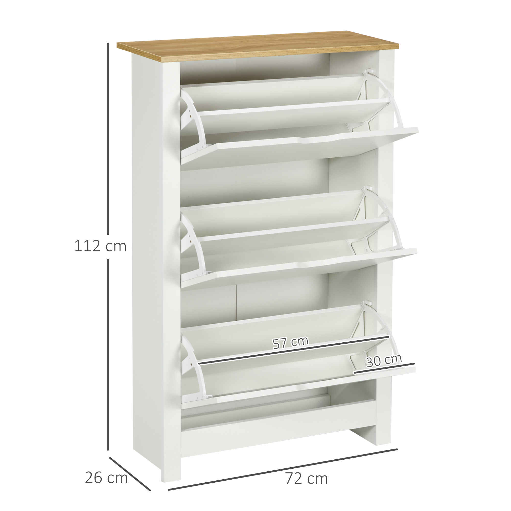 Mobiletto portascale bianco con 3 ante a ribalta e top in legno. Misure: 112x72x26 cm.