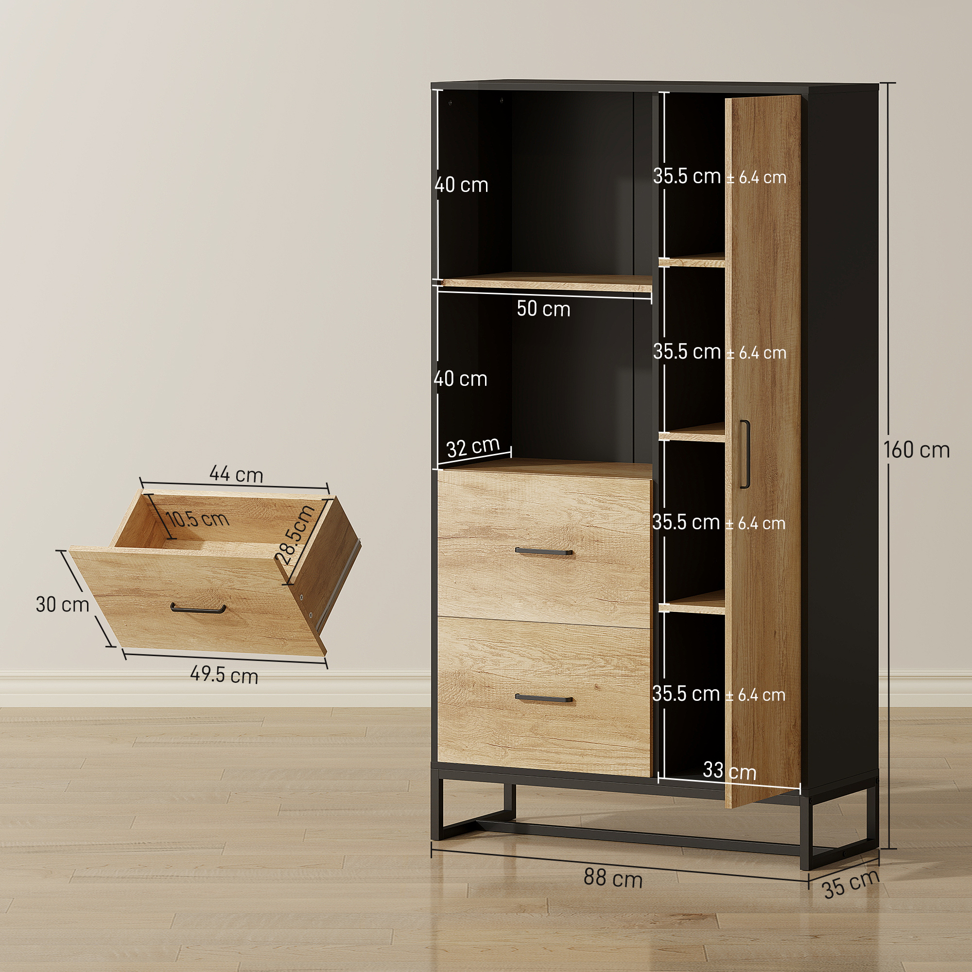 Mobile nero e legno chiaro con cassetti e ante, dimensioni indicate.