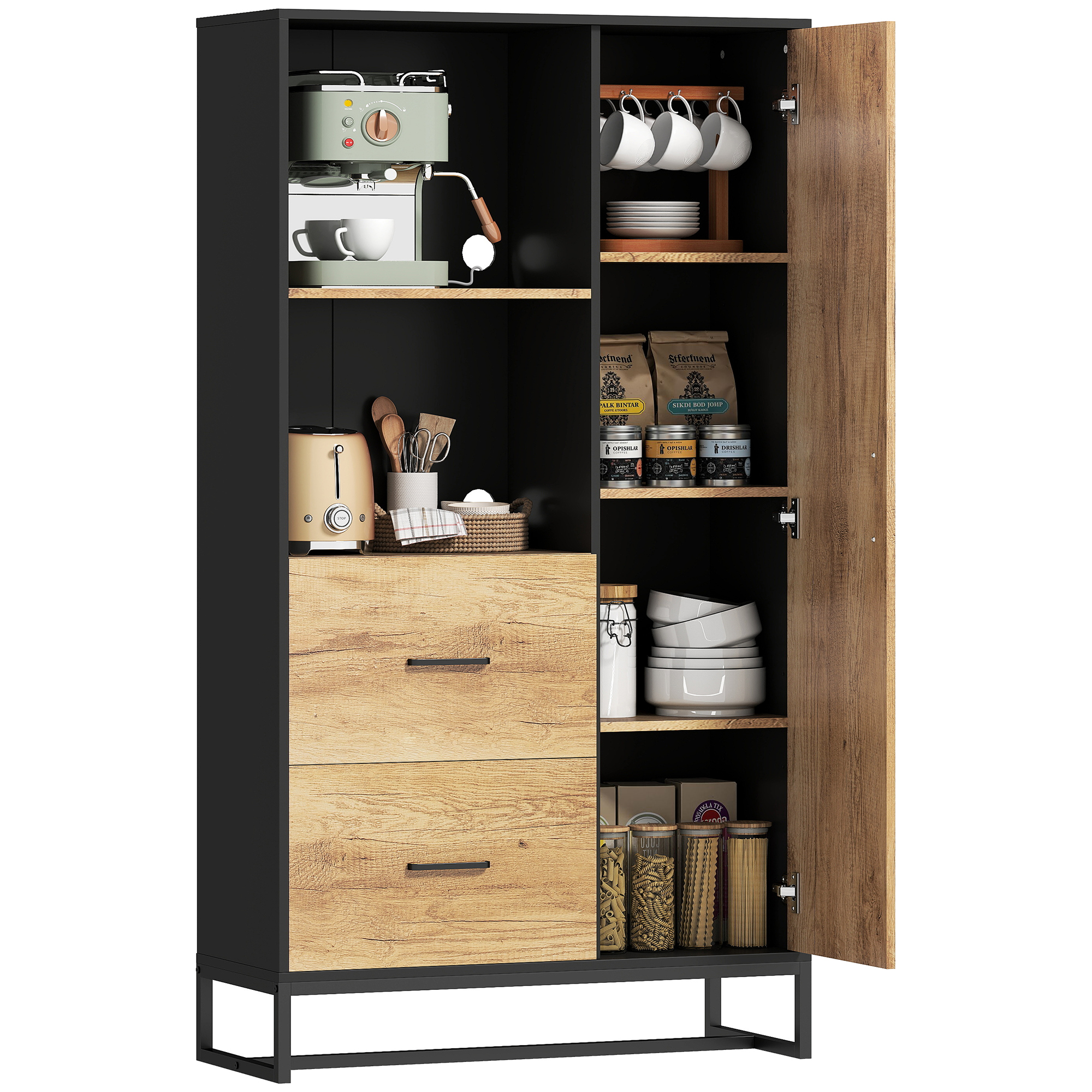Una credenza da cucina nera con accenti in legno, contenente macchina da caffè, tazze, tostapane, provviste e piatti.