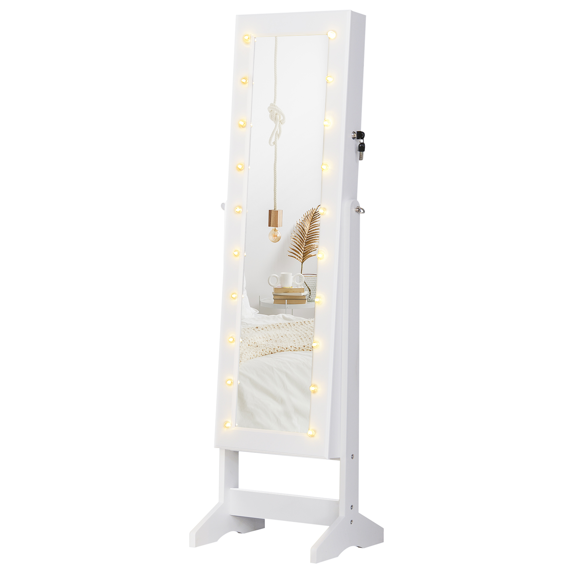 Un mobile portagioie bianco con specchio e luci. Un letto è visibile nello specchio.