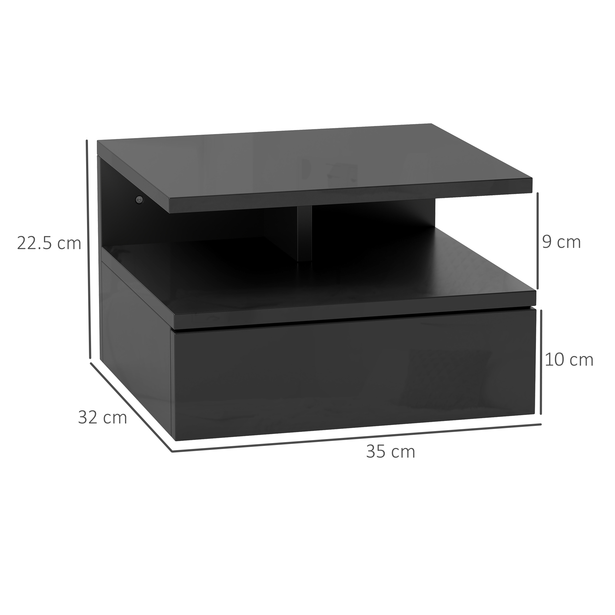 Comodino nero con cassetto e dimensioni.