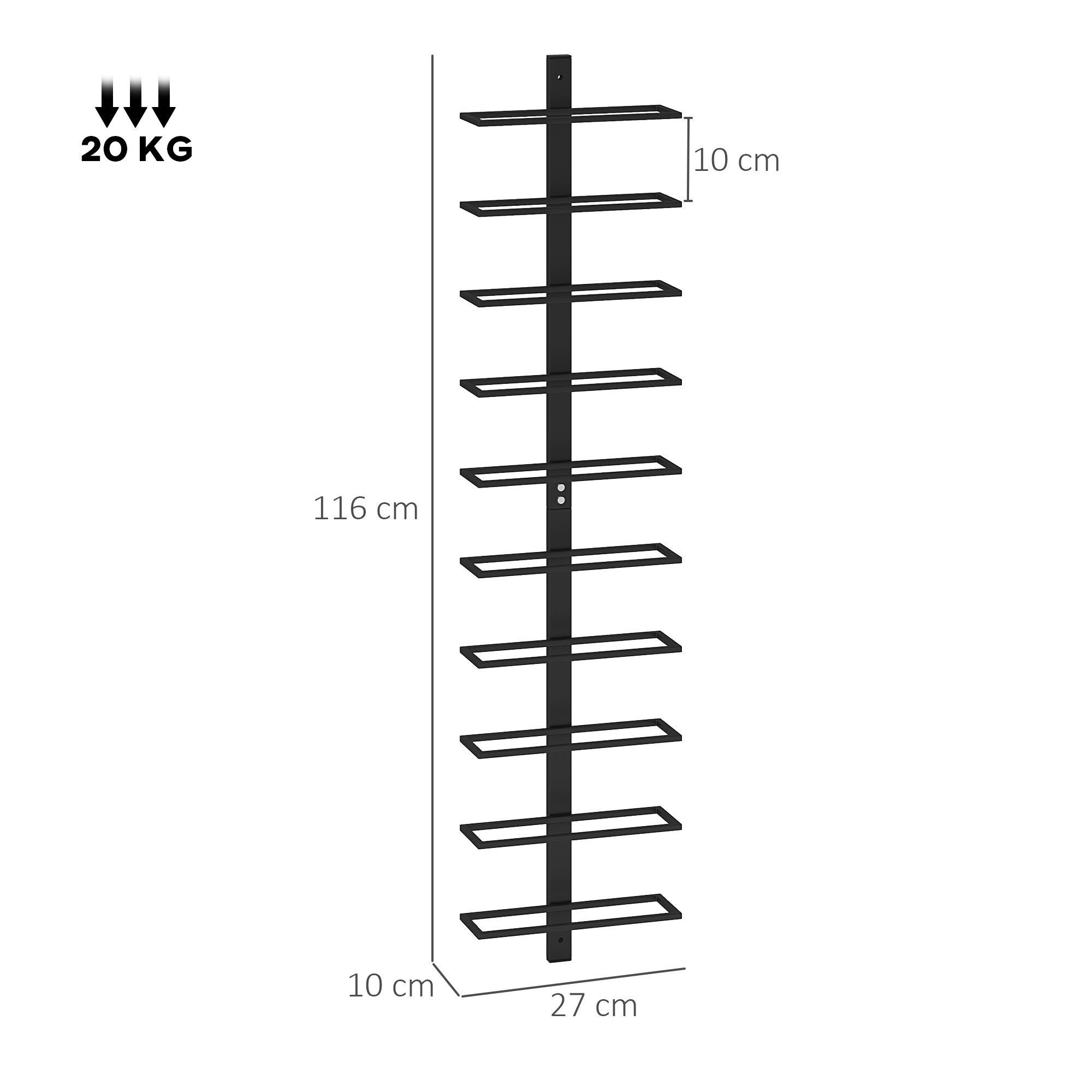 Scaffale nero da parete con 10 ripiani. Altezza: 116 cm, Larghezza: 27 cm, Profondità: 10 cm.