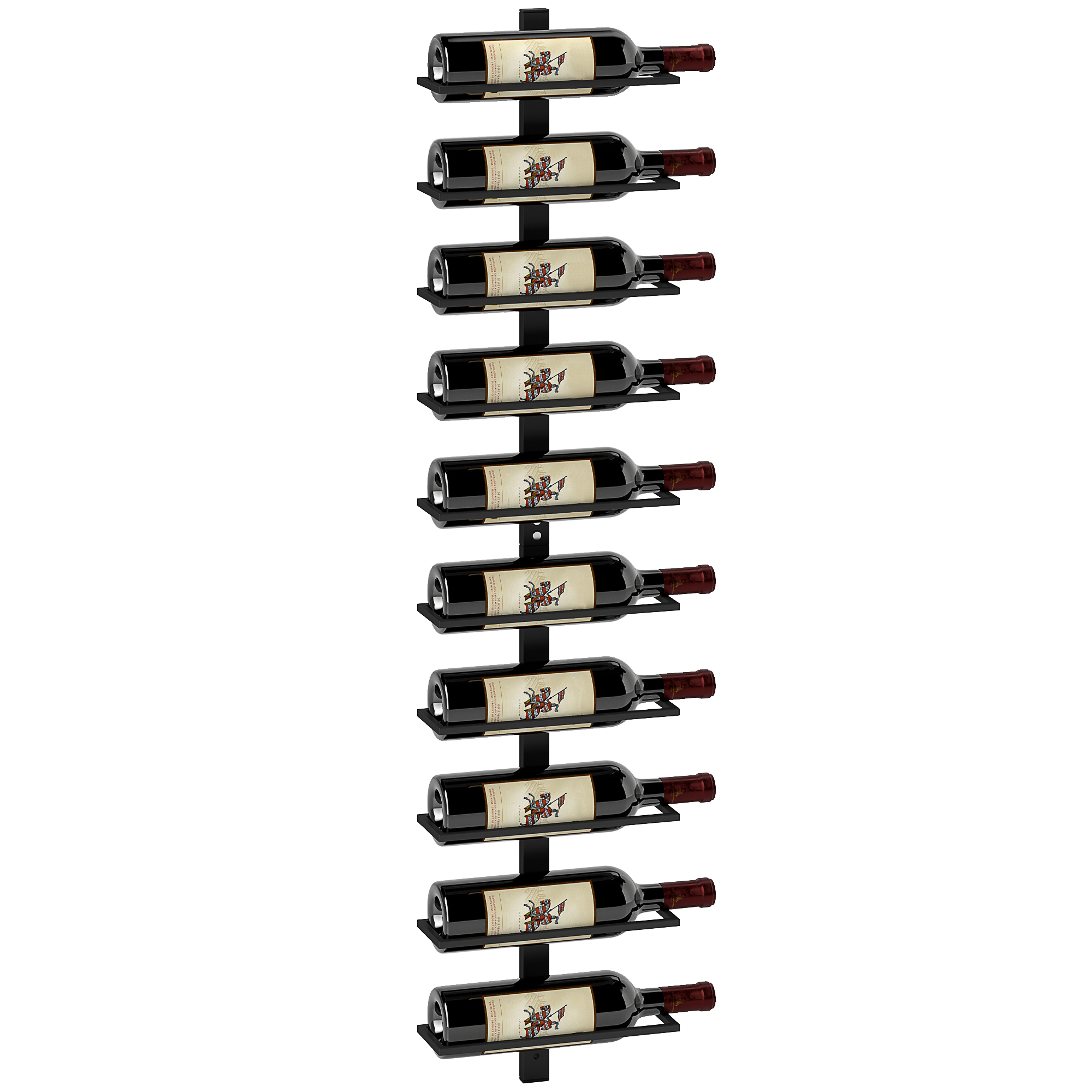 Portabottiglie nero per vino con 10 bottiglie di vino rosso, su sfondo bianco.