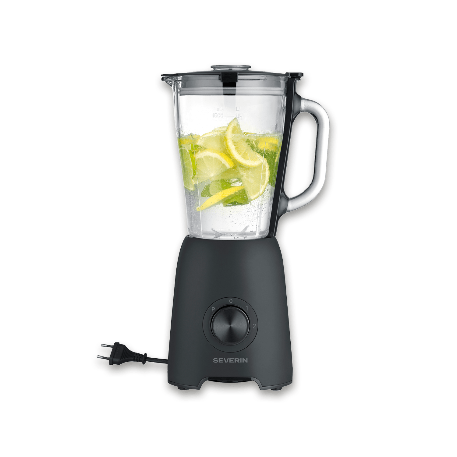 Un frullatore Severin nero con fette di limone e lime e acqua nella caraffa di vetro.