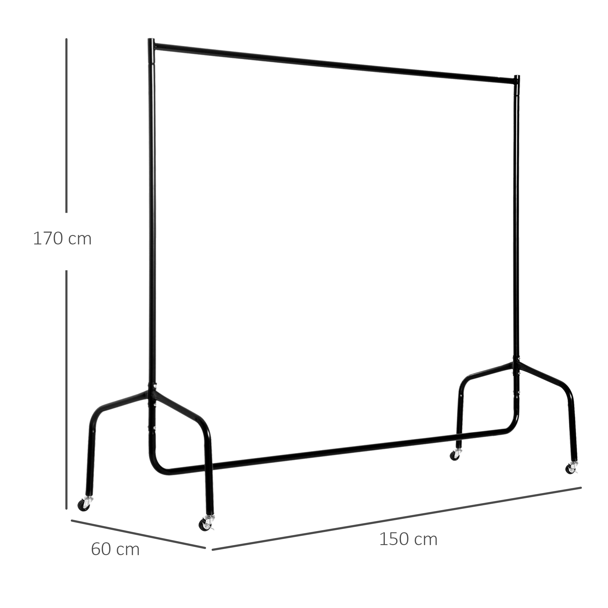 Un appendiabiti in metallo nero con ruote, alto 170 cm, lungo 150 cm e largo 60 cm.