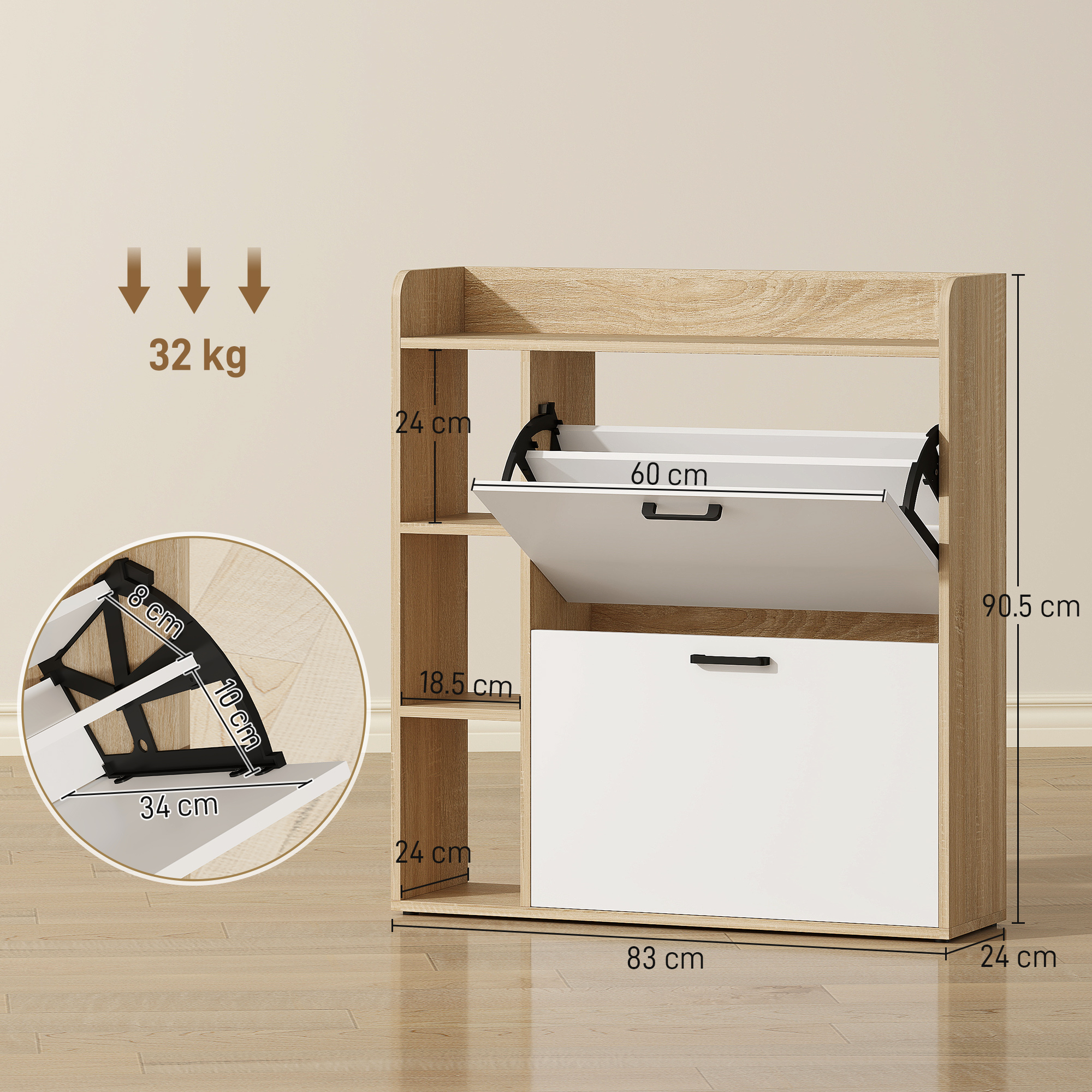 Scarpiera in legno con ripiani, dimensioni 83x24x90,5 cm. Carico max 32 kg.