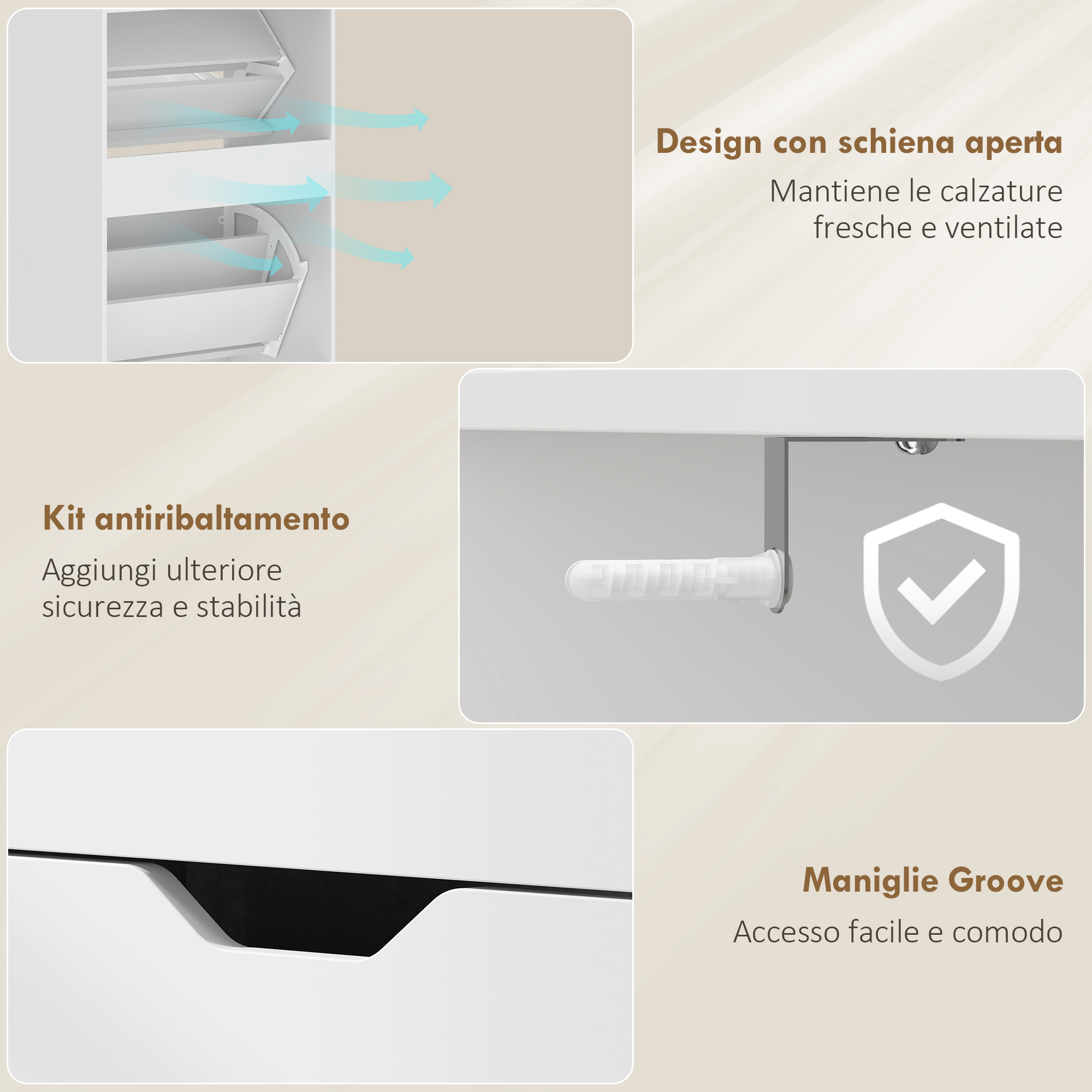 Design con schiena aperta per scarpe fresche e ventilate. Kit antiribaltamento per stabilità.