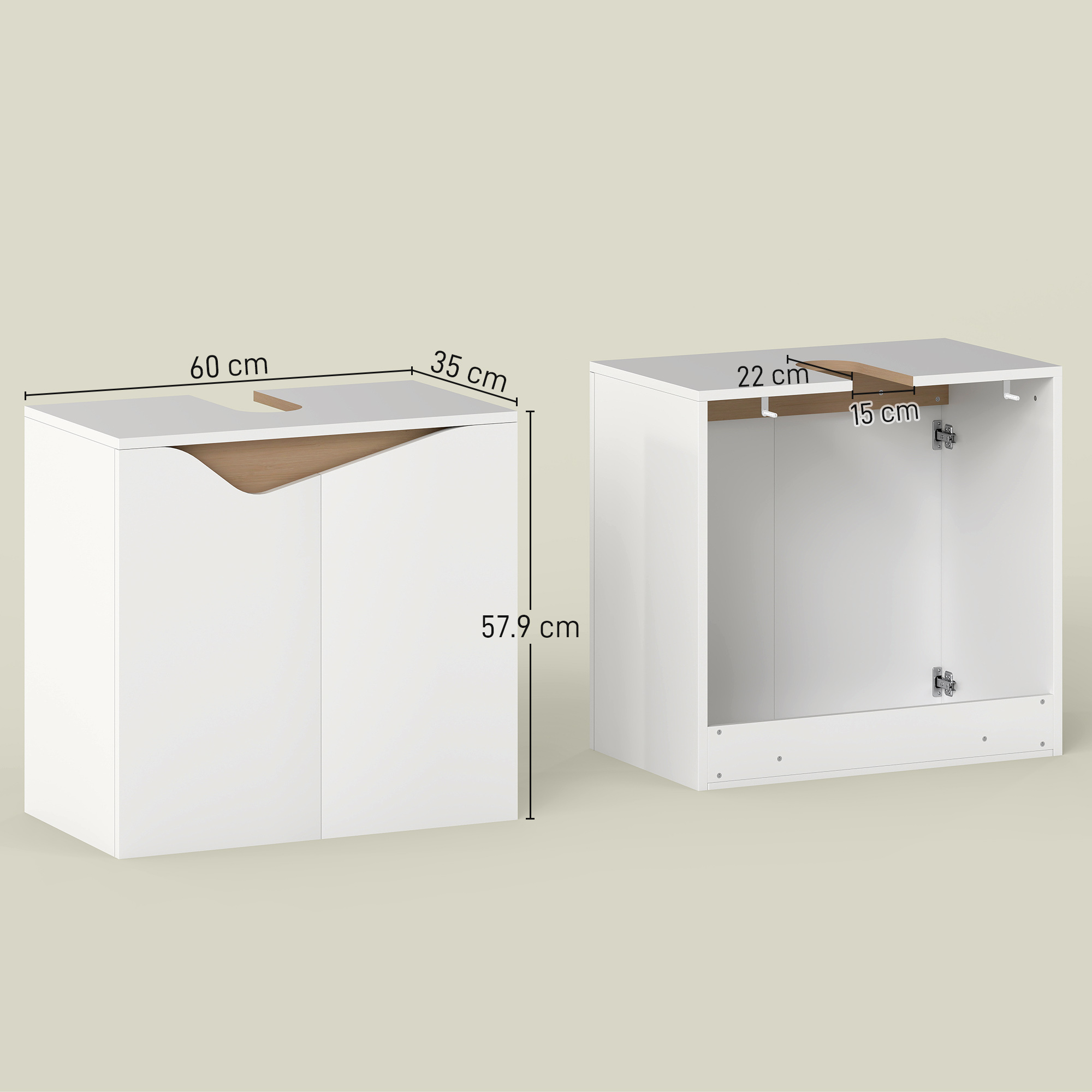 Due mobili bianchi con accenti in legno, sono indicate le dimensioni.