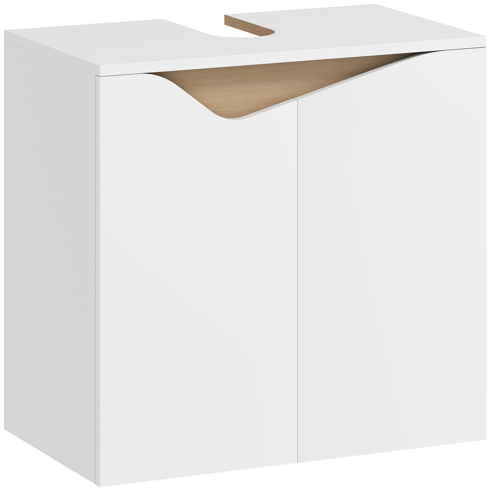 Un mobile bianco con dettagli in legno e un ritaglio in alto.