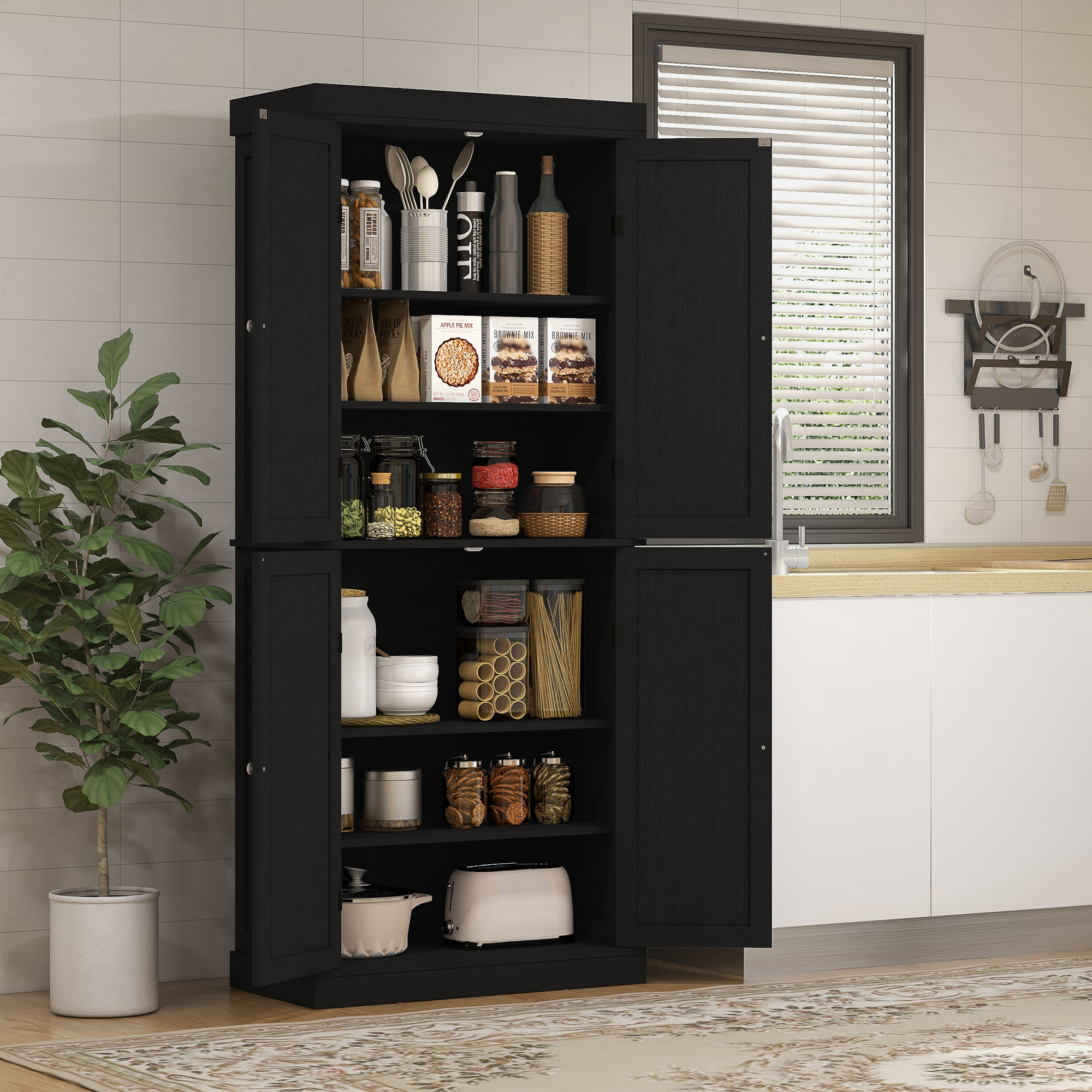 Una credenza da cucina nera aperta piena di cibo, pentole e un tostapane.